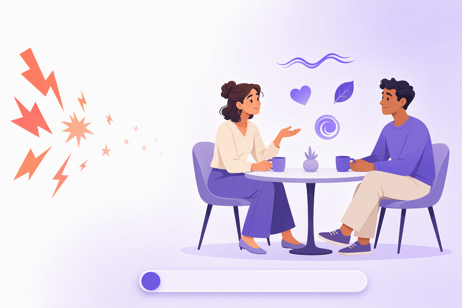 Sparks and lightning shapes fading away on one side while two people talk calmly over coffee, with an intensity slider turned down low