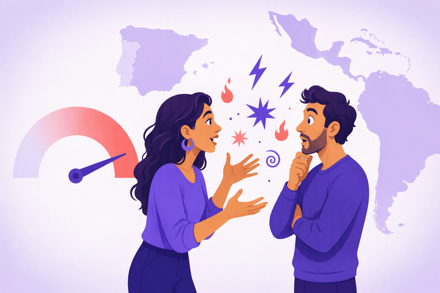 Two Spanish speakers in a heated exchange, with an intensity dial on one side and the outlines of Spain and Latin America in the background