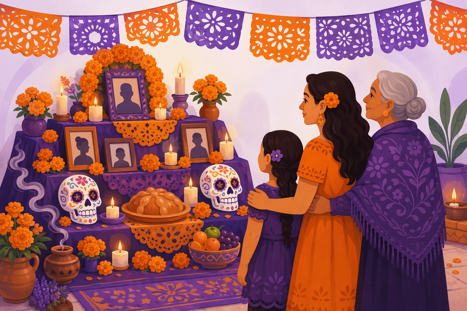 Family standing before a Día de Muertos ofrenda with marigolds, candles, framed photos, sugar skulls and pan de muerto