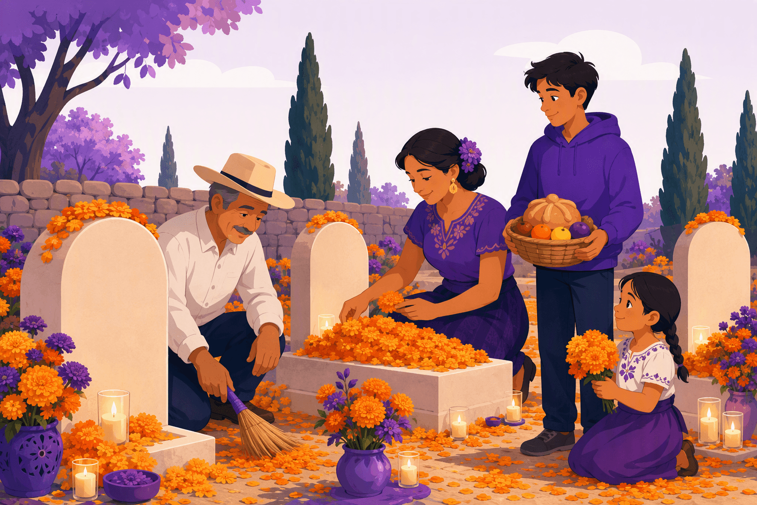 Mexican family cleaning and decorating graves with marigolds and candles during a Día de Muertos cemetery visit
