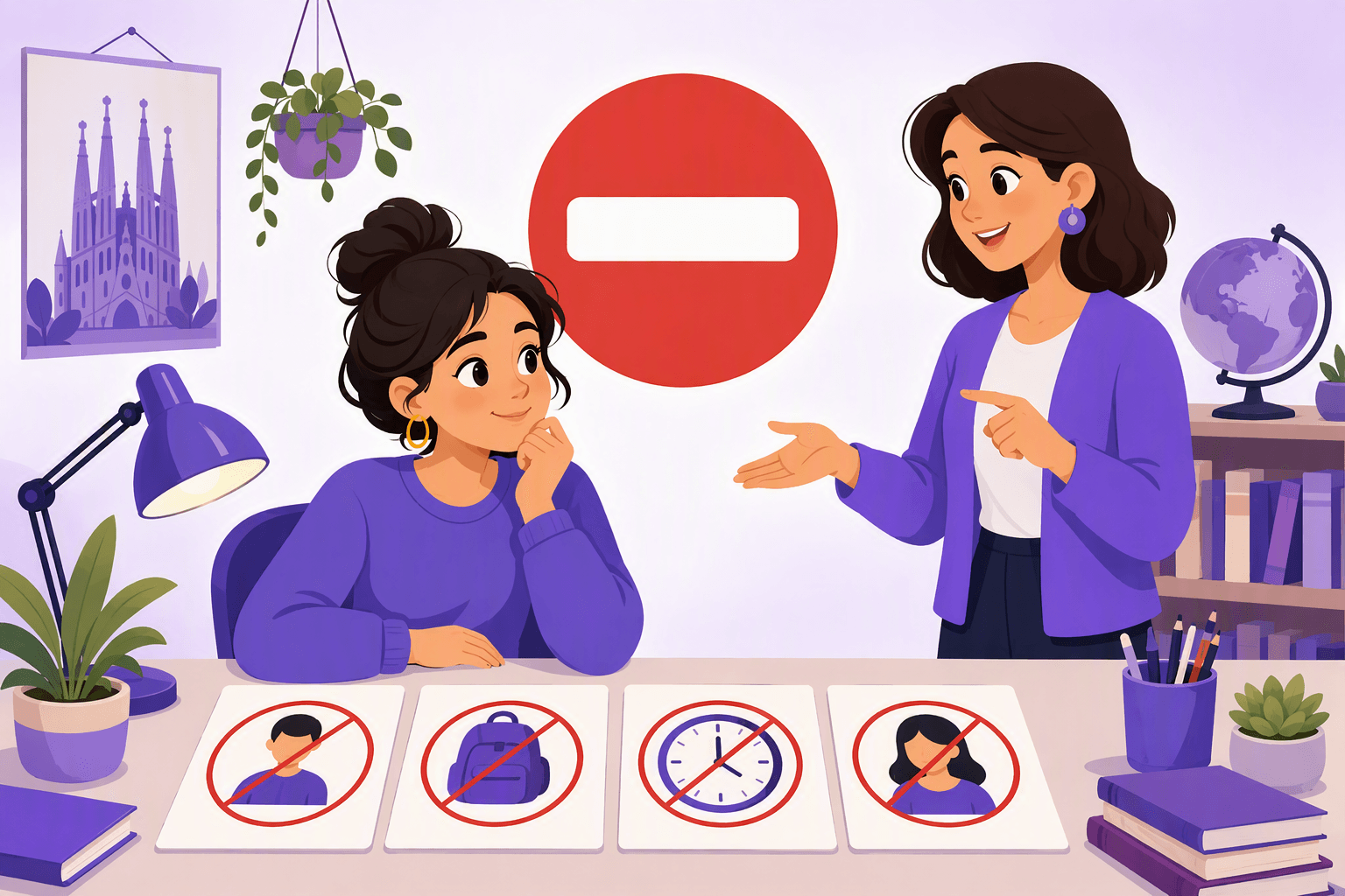 Flat-vector illustration of a learner studying Spanish negative concepts represented by crossed-out person, object, clock, and second-person icons alongside a red no-entry symbol.