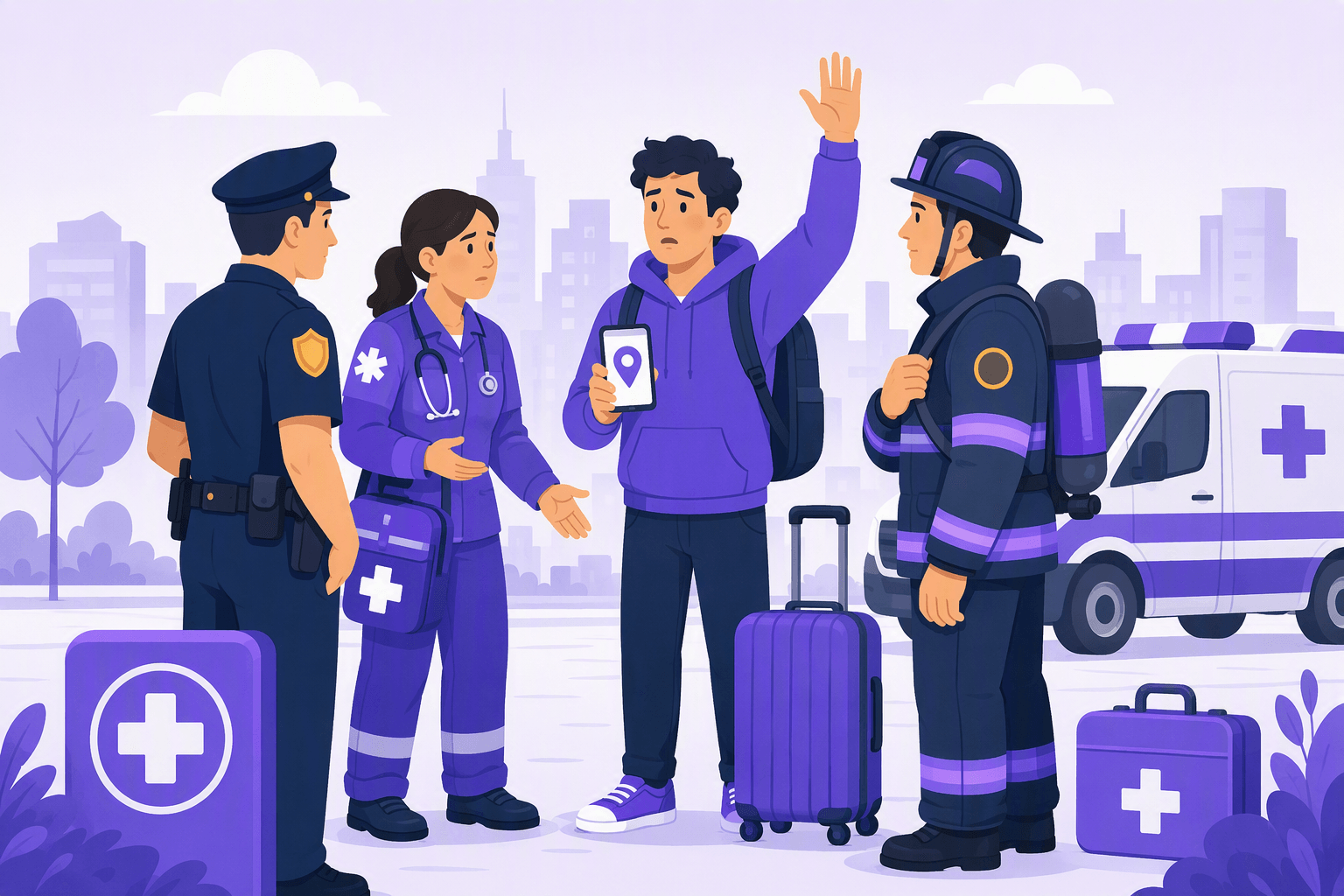 Flat-vector illustration of a worried traveler seeking help with a smartphone and location pin beside a police officer, paramedic, firefighter, medical cross, first-aid kit, and suitcase.