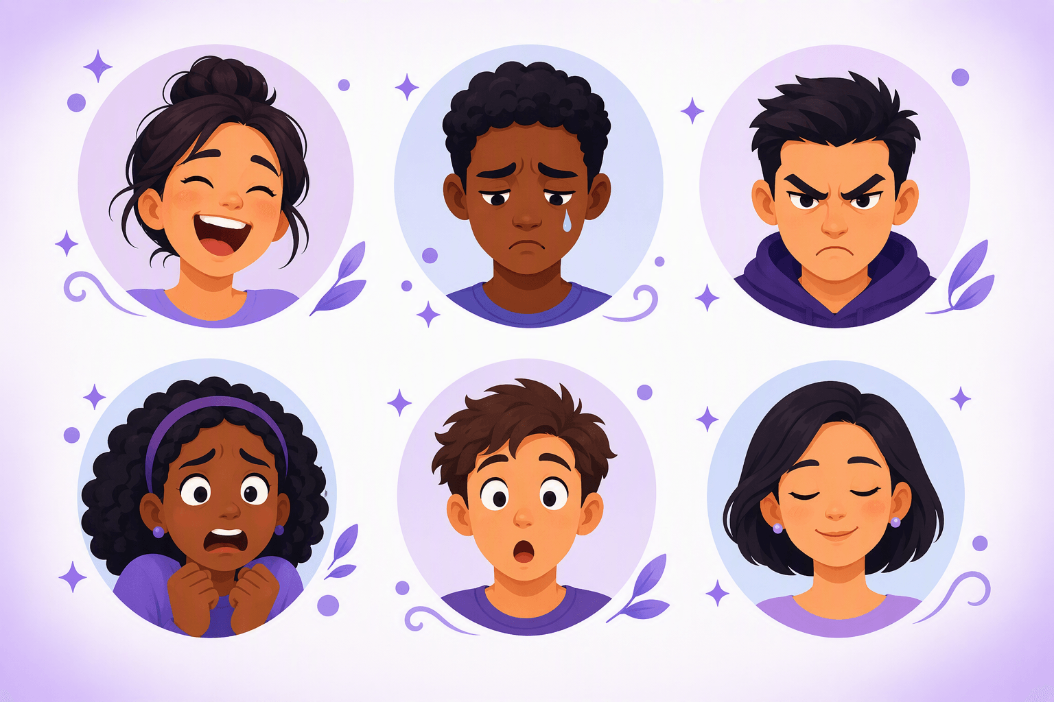 A grid of six illustrated faces showing joy, sadness with a tear, anger, fear, surprise and calm contentment on soft purple circles