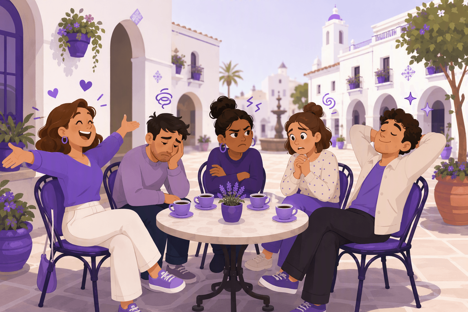 Five friends around a cafe table on a sunny Spanish plaza, each showing a different feeling through facial expression and body language: delight, sadness, anger, nervousness and calm