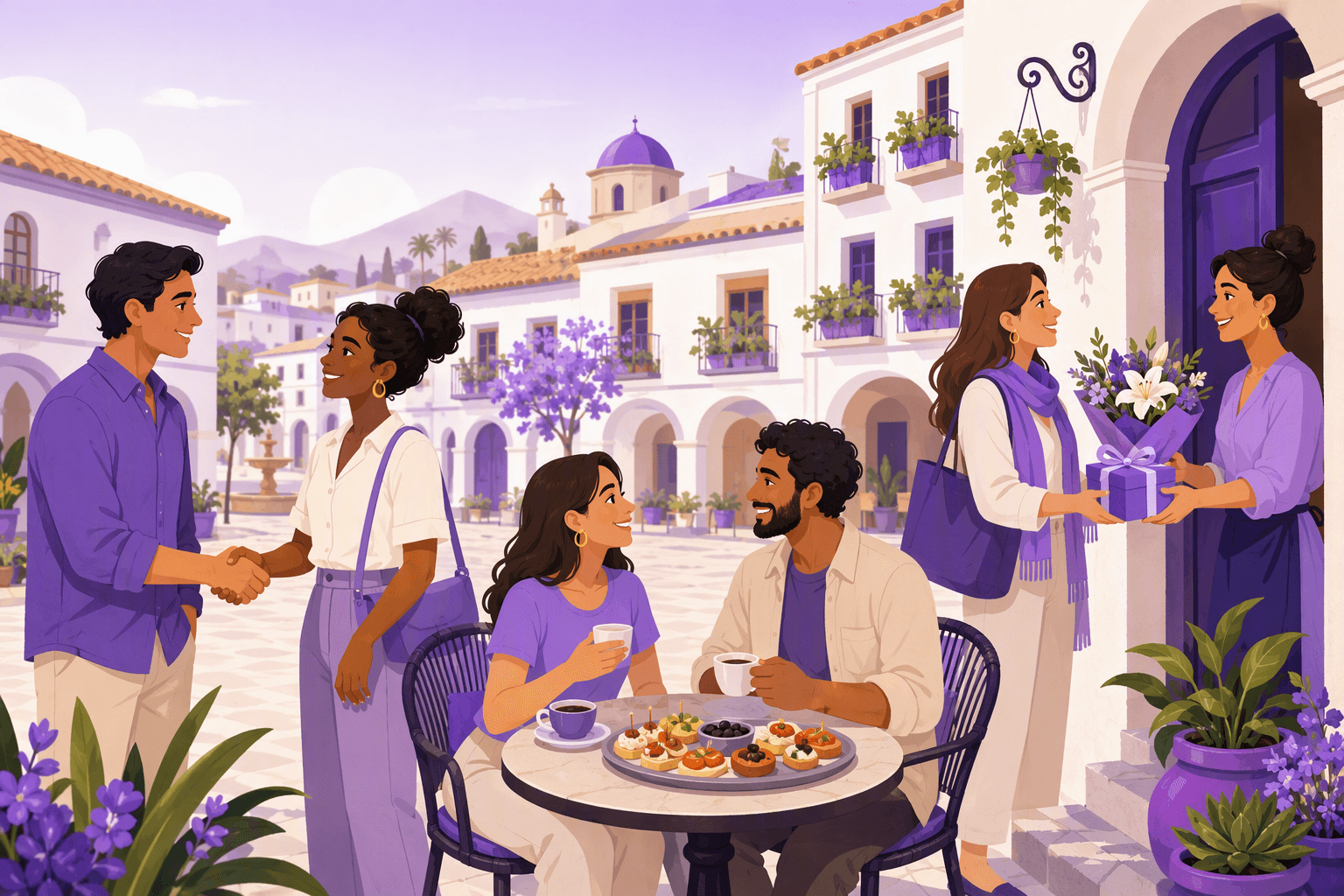 Everyday Spanish etiquette in one scene: a polite handshake greeting, friends sharing small dishes and coffee at a terrace table, and a guest arriving at a doorway with a small gift and flowers for the host