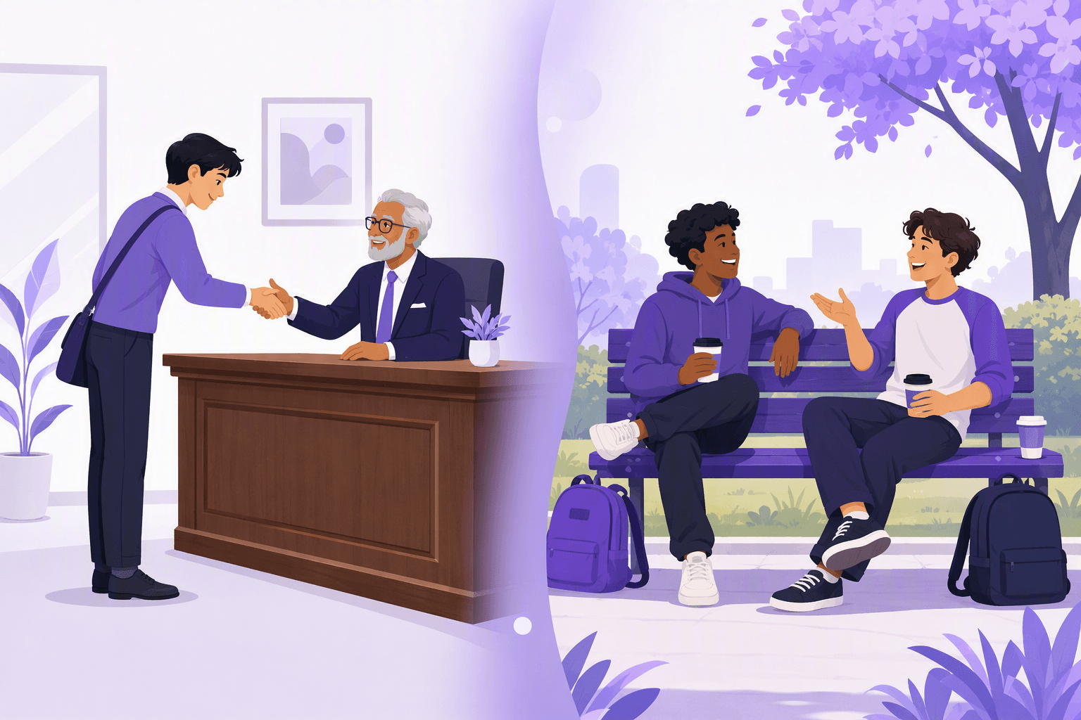 Two contrasting interactions side by side: on the left a formal handshake across an office counter with an older person, on the right two friends chatting casually on a park bench with coffee cups