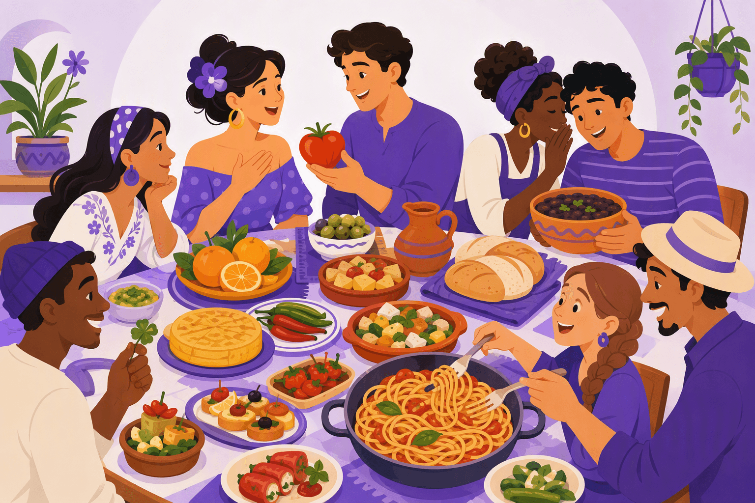 Flat-vector illustration of diverse people gathered around a table of Spanish and Latin American foods, with visual motifs for love, difficulty, gossip, luck, and personality.