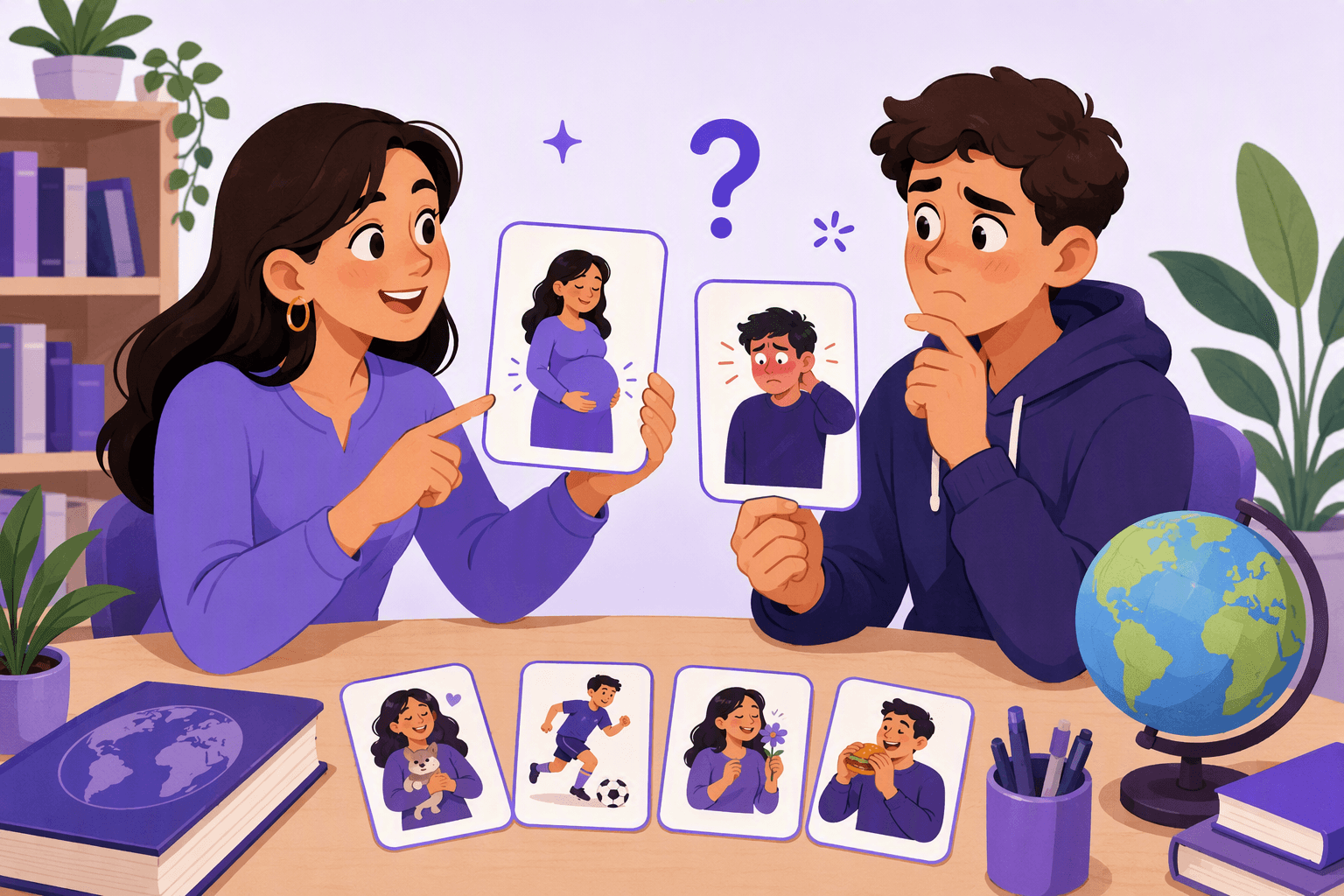 Flat-vector scene of an English-speaking learner comparing wordless flashcards showing a pregnant woman and a blushing embarrassed person, with a dictionary, globe, vocabulary cards, and puzzled icons nearby.