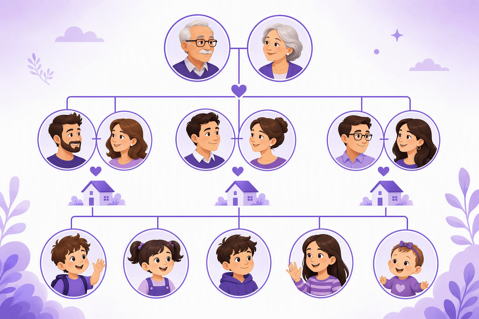 Family tree diagram made only of circular portrait icons and connecting lines: grandparents at the top, three couples in the middle row, five children at the bottom