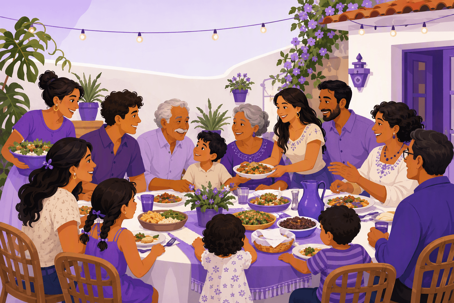 Three generations of a Spanish-speaking family gathered around a long table on a sunlit patio for Sunday lunch, passing dishes and talking