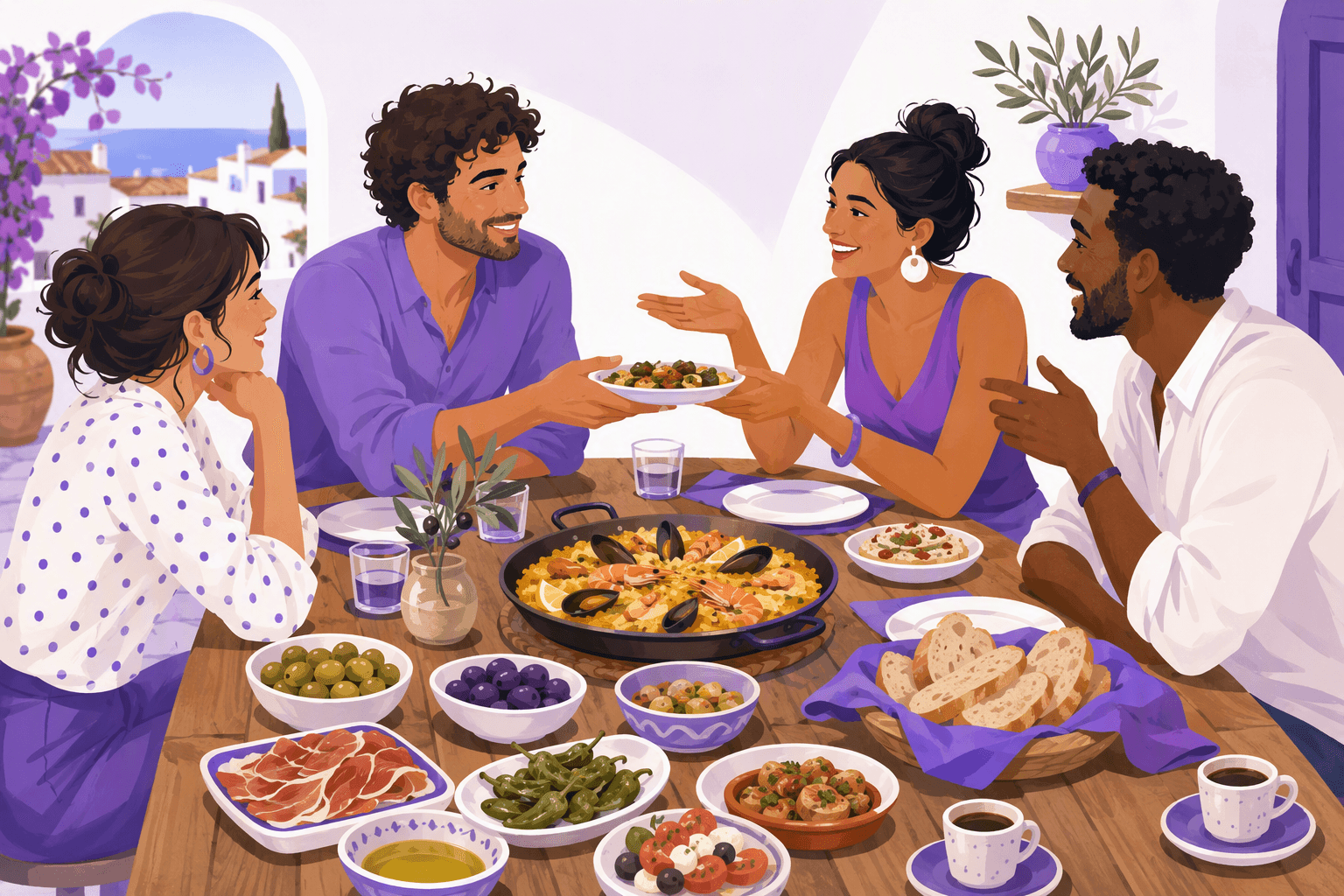 Friends around a Spanish table sharing paella, tapas, bread and olives, talking after the meal