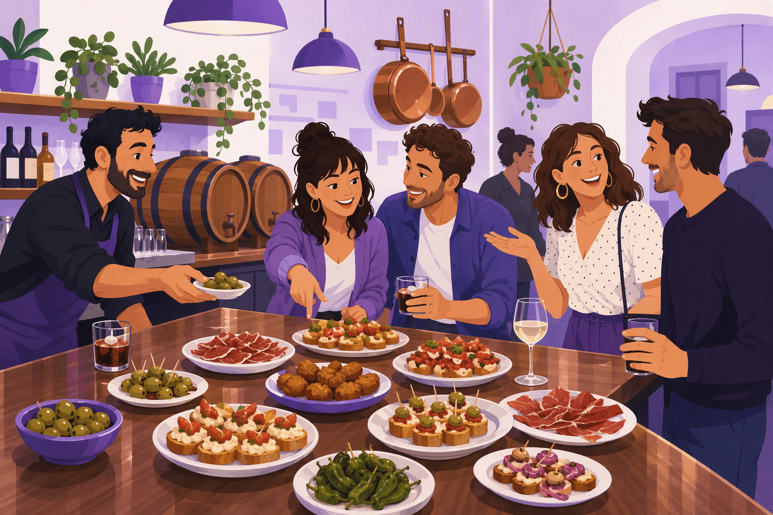 Tapas bar counter lined with small plates of olives, cured ham and croquettes while customers order standing up