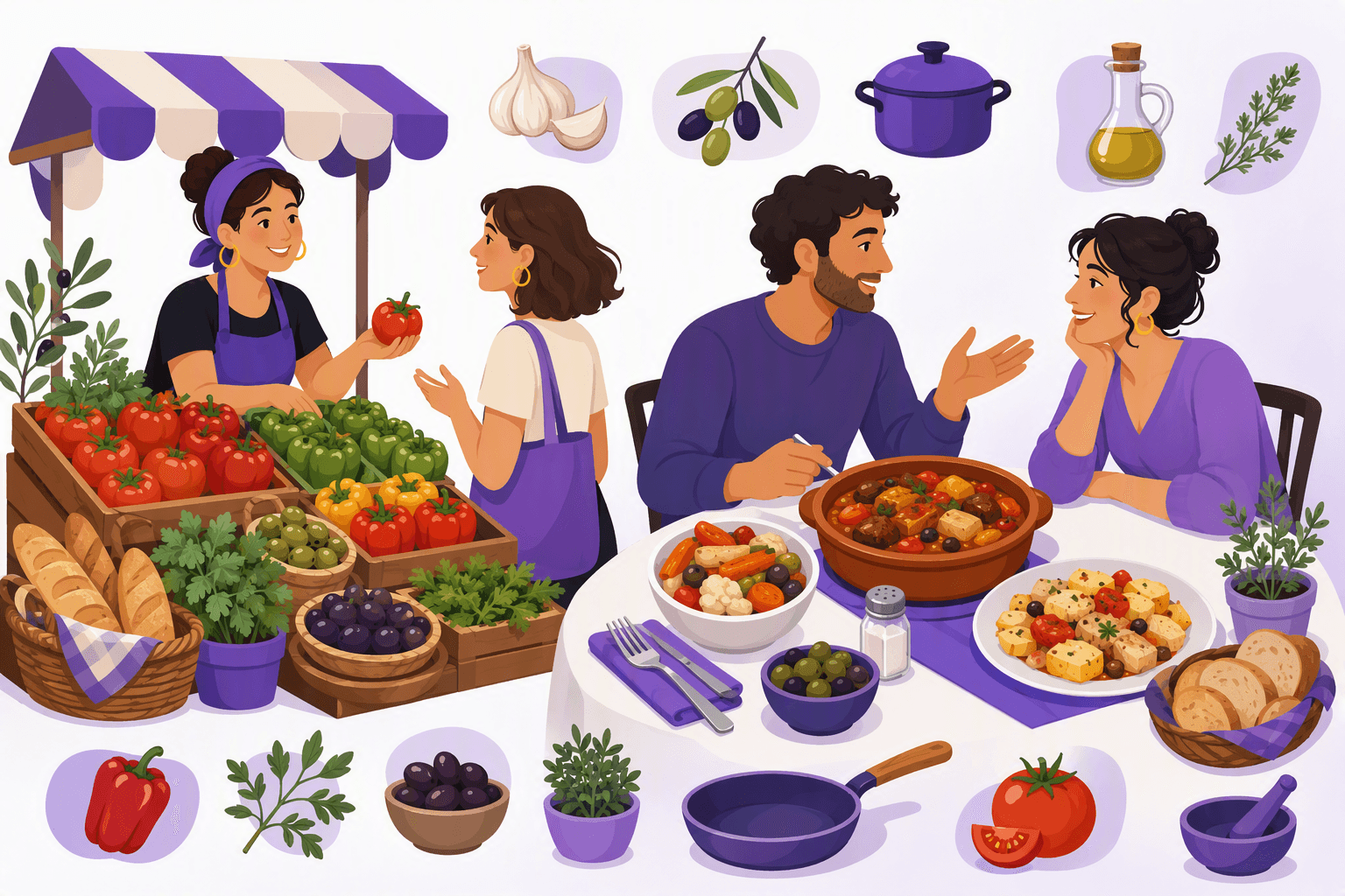 Flat-vector scene showing a market stall with fresh produce and bread beside a restaurant table featuring guiso, escabeche vegetables, a ración, salt, and cooking utensils.