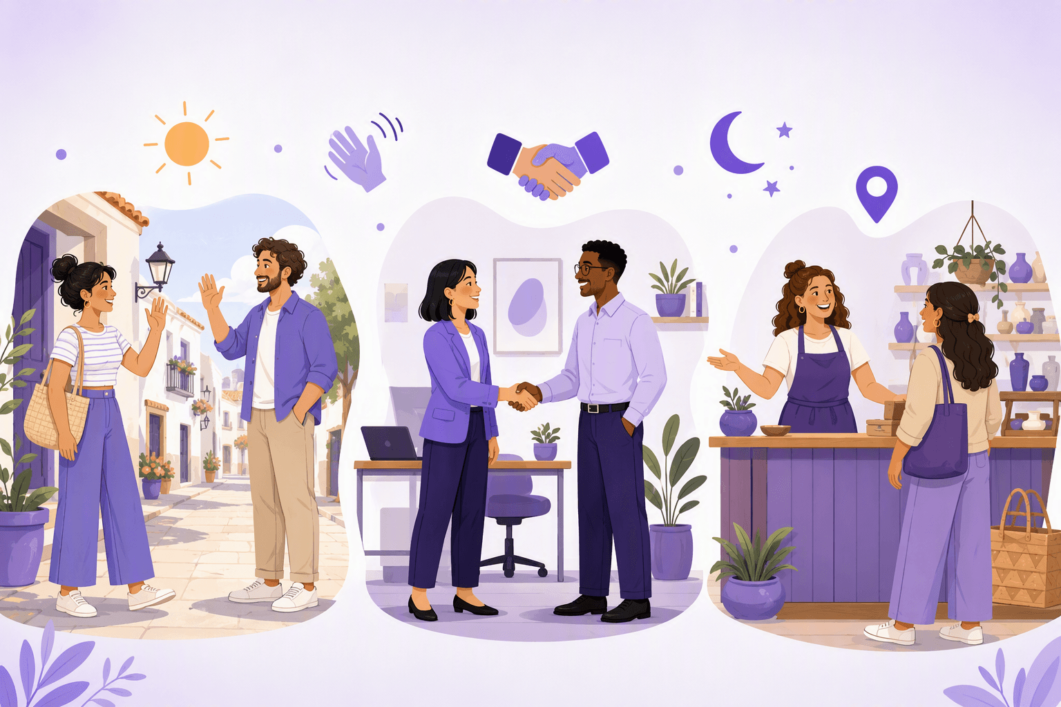 Three everyday Spanish greeting moments side by side: neighbours waving on a sunny street, two colleagues shaking hands in an office, and a shopkeeper welcoming a customer at the counter