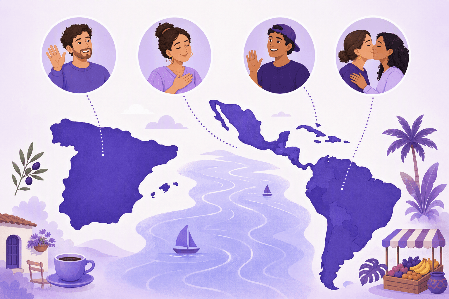 Map of Spain and Latin America with four portraits above it, each showing a different greeting gesture: a wave, a hand on the chest, a raised hand, and a cheek kiss between friends