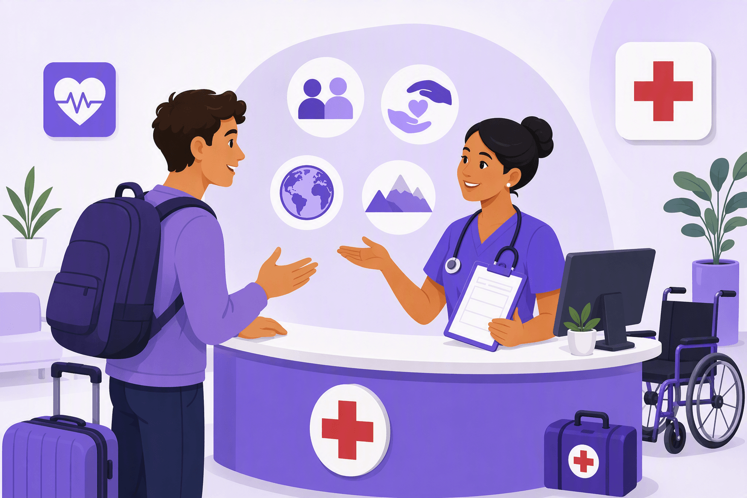 Flat-vector illustration of a traveler speaking with a nurse at a hospital reception desk, surrounded by a red cross sign, blank clipboard, stethoscope, wheelchair, first-aid kit, and nonverbal communication icons.