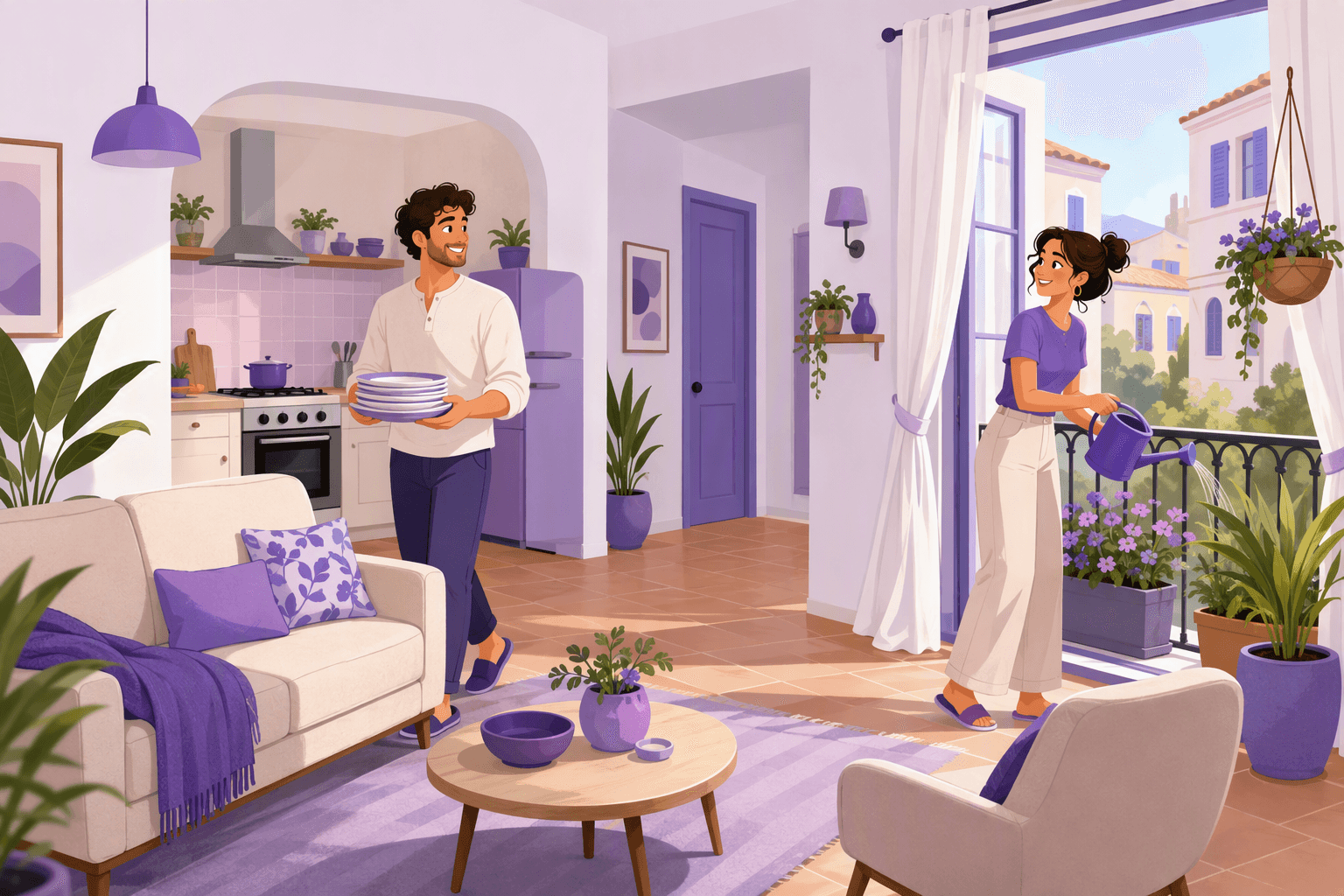 Illustrated Spanish apartment interior showing a living room with sofa and rug, an open kitchen with a stove and fridge, a hallway door, curtains and a balcony with potted plants