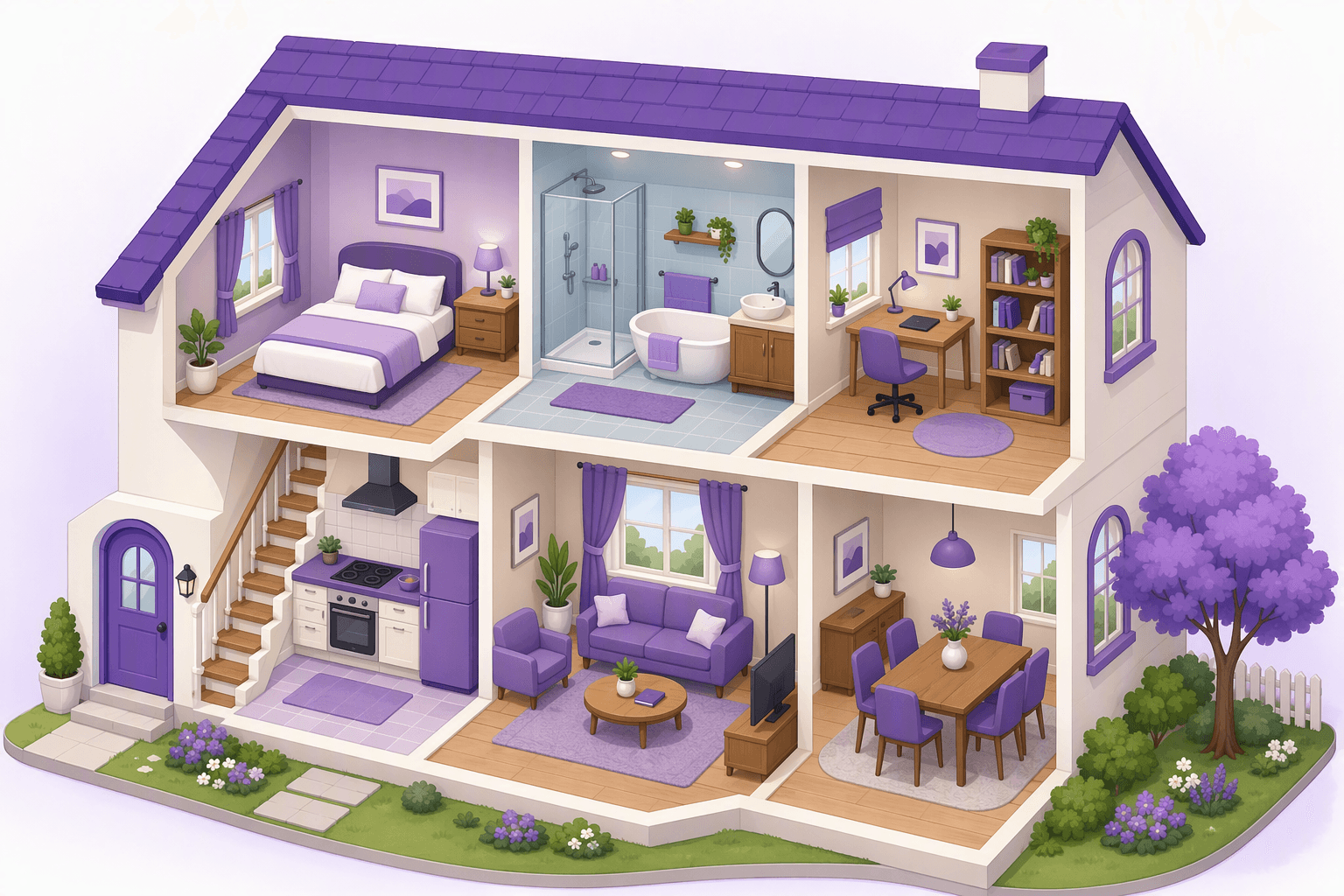 Cutaway illustration of a two-storey house showing a bedroom with bed and nightstand, a bathroom with shower and bathtub, a study with desk and bookshelf, a kitchen with stove and fridge, a living room with sofa and curtains, and a dining area with table and chairs