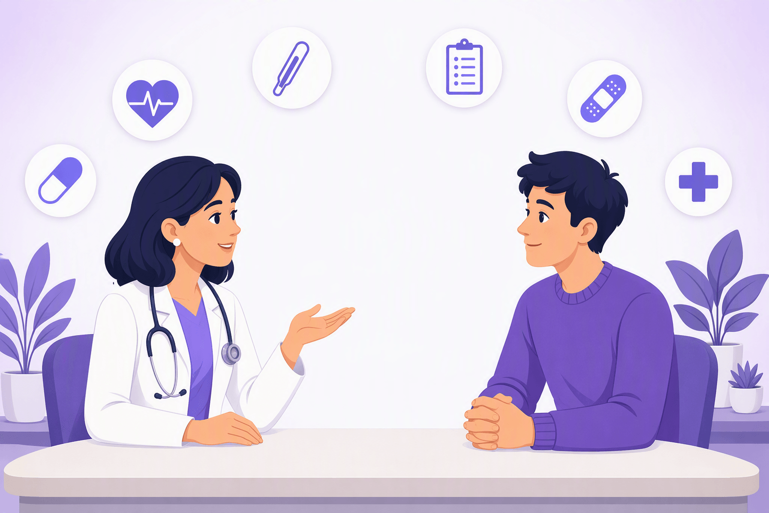 Illustration of a doctor and a patient talking calmly in a clinic, surrounded by simple medical icons