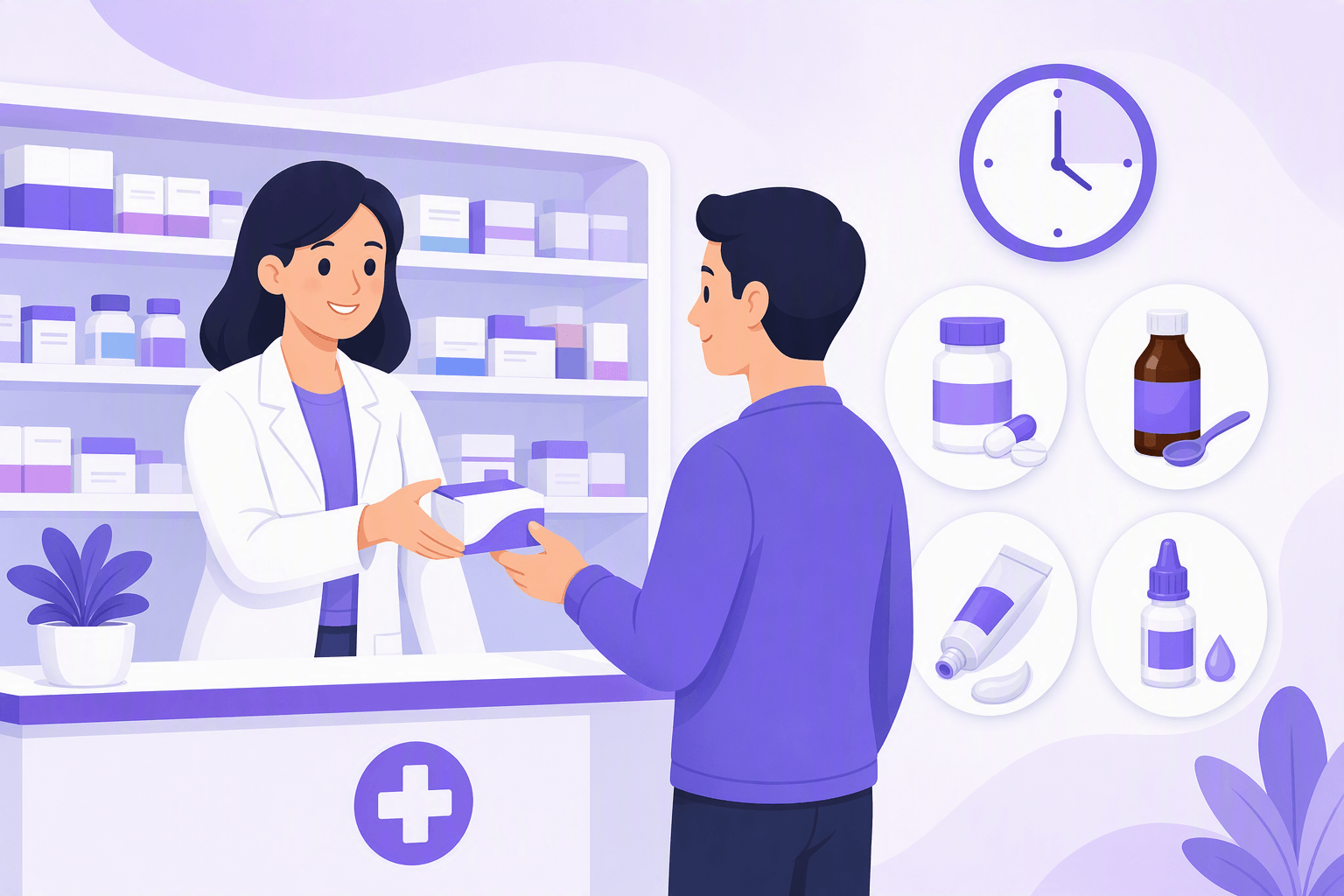 Illustration of a pharmacist handing a medicine box to a customer, with pill bottle, syrup, ointment and eye drop icons