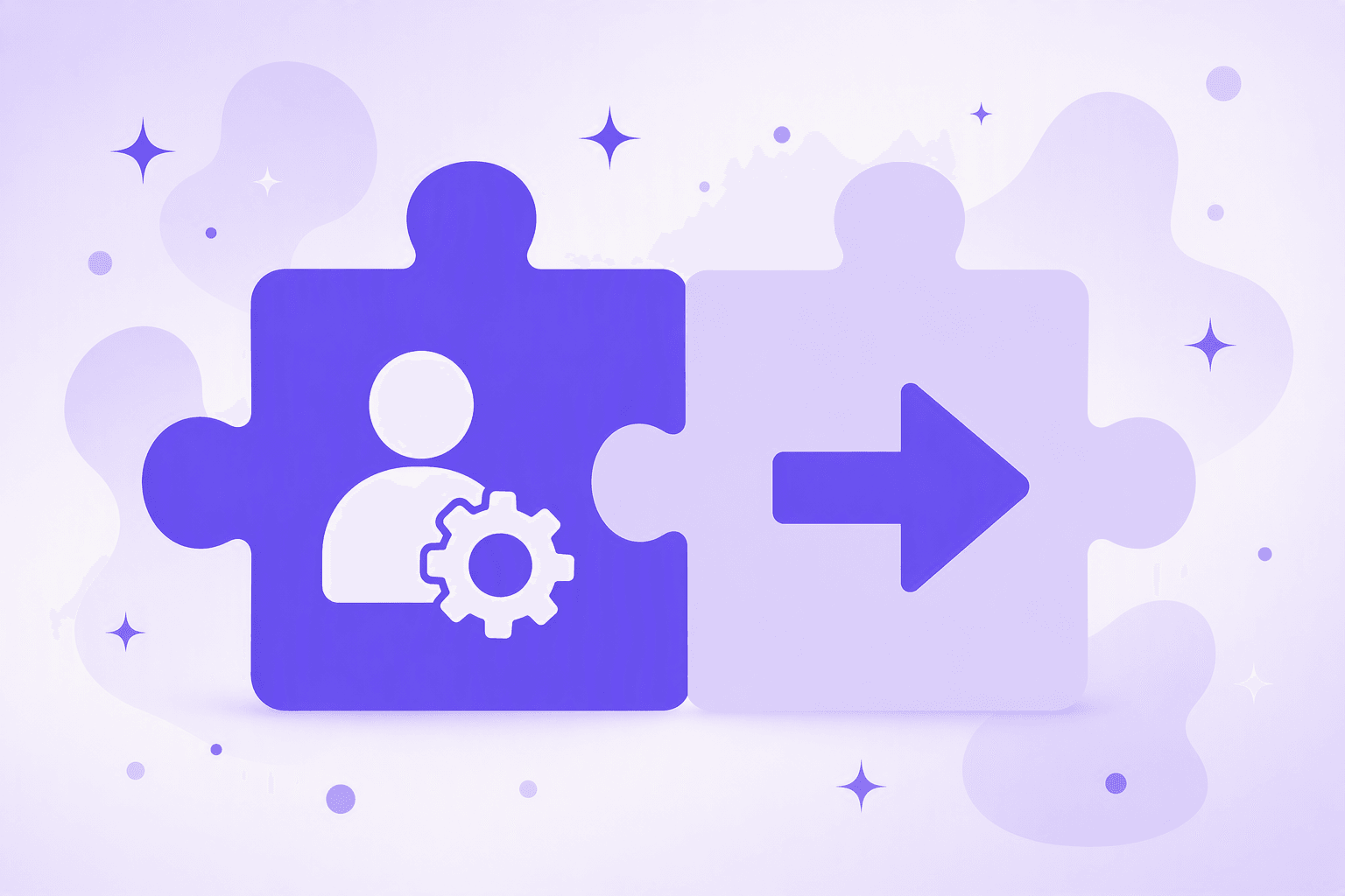 Two interlocking puzzle pieces, a solid one marked with a person and gear icon and a pale one with a forward arrow, illustrating a conjugated modal verb joined to an infinitive