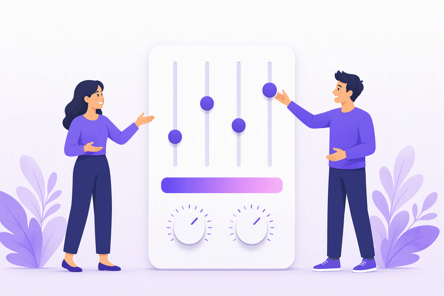Two people gesturing toward a large control panel with sliders and dials set to different levels, illustrating modal verbs as adjustable controls for tone and force