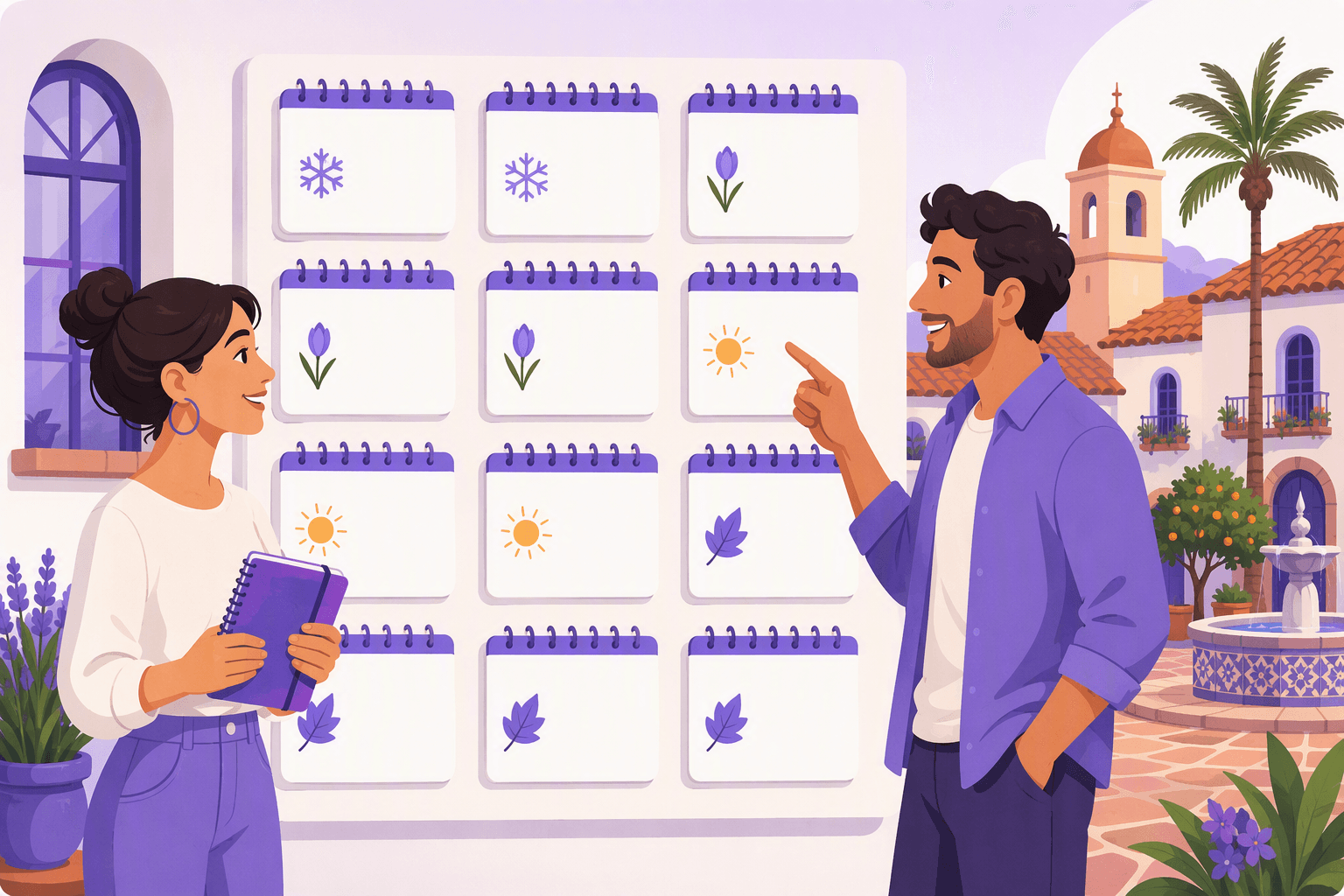 Two people beside a twelve-page wall calendar in a sunny Spanish plaza, each page marked with a seasonal icon for one month of the year