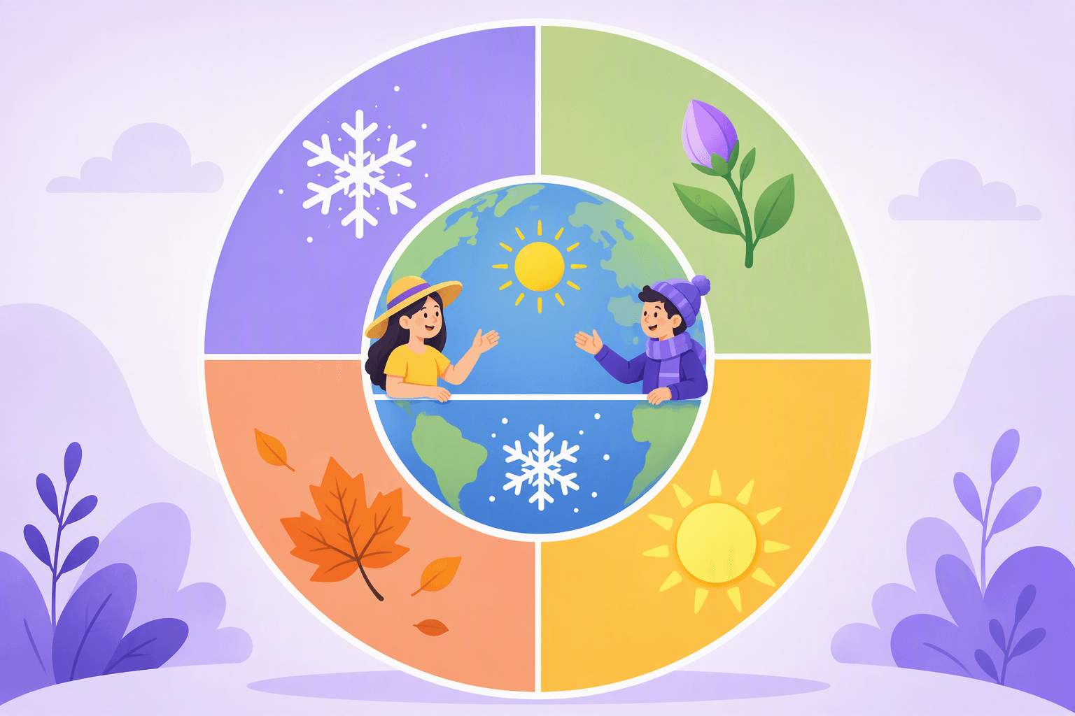 A four-quarter season wheel turning around a globe, with a sun over the northern hemisphere and a snowflake over the southern one to show that the seasons are reversed