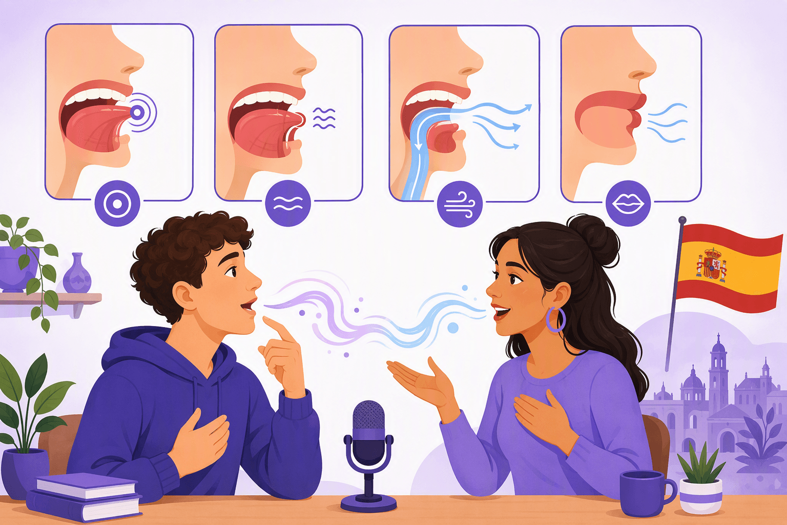 Flat-vector illustration of a learner and tutor practicing Spanish pronunciation with mouth-profile diagrams for a tapped or rolled r, the Spanish j, pure vowels, and flowing consonant sounds, accompanied by airflow swirls and a Spanish flag.