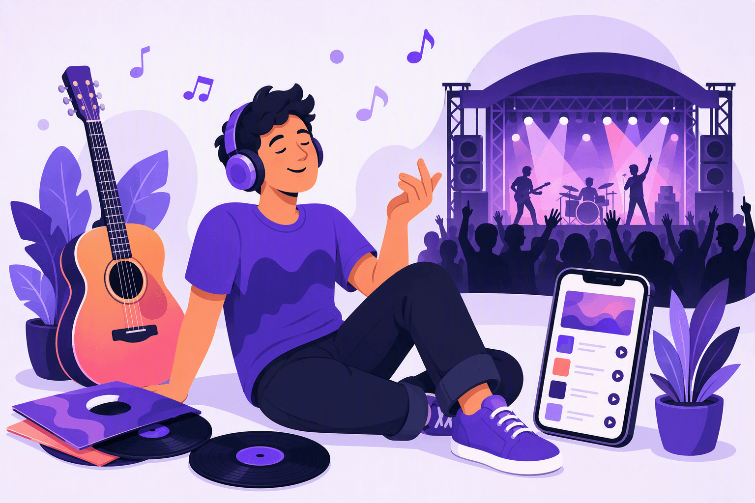 Flat-vector illustration of a person with headphones beside an acoustic guitar, vinyl records, musical notes, a smartphone, and a lit concert stage with cheering silhouettes.