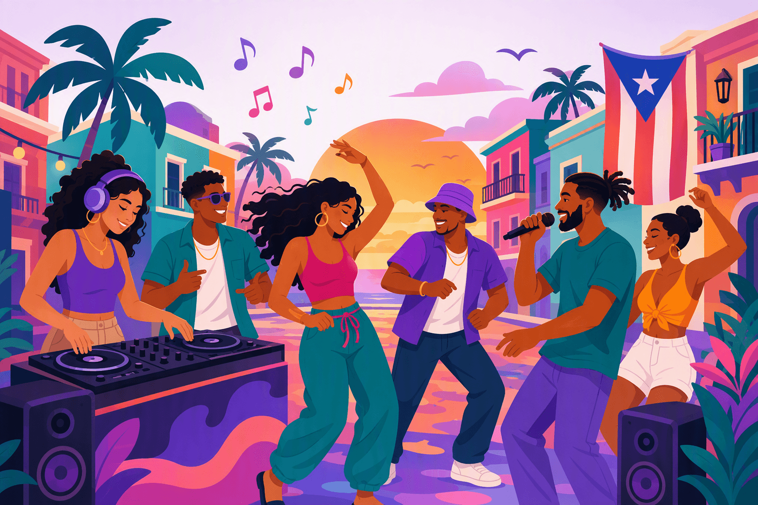 Flat-vector scene of diverse young adults dancing beside DJ equipment and speakers on a tropical Caribbean street, with palm trees, music notes, and a Puerto Rican flag accent.