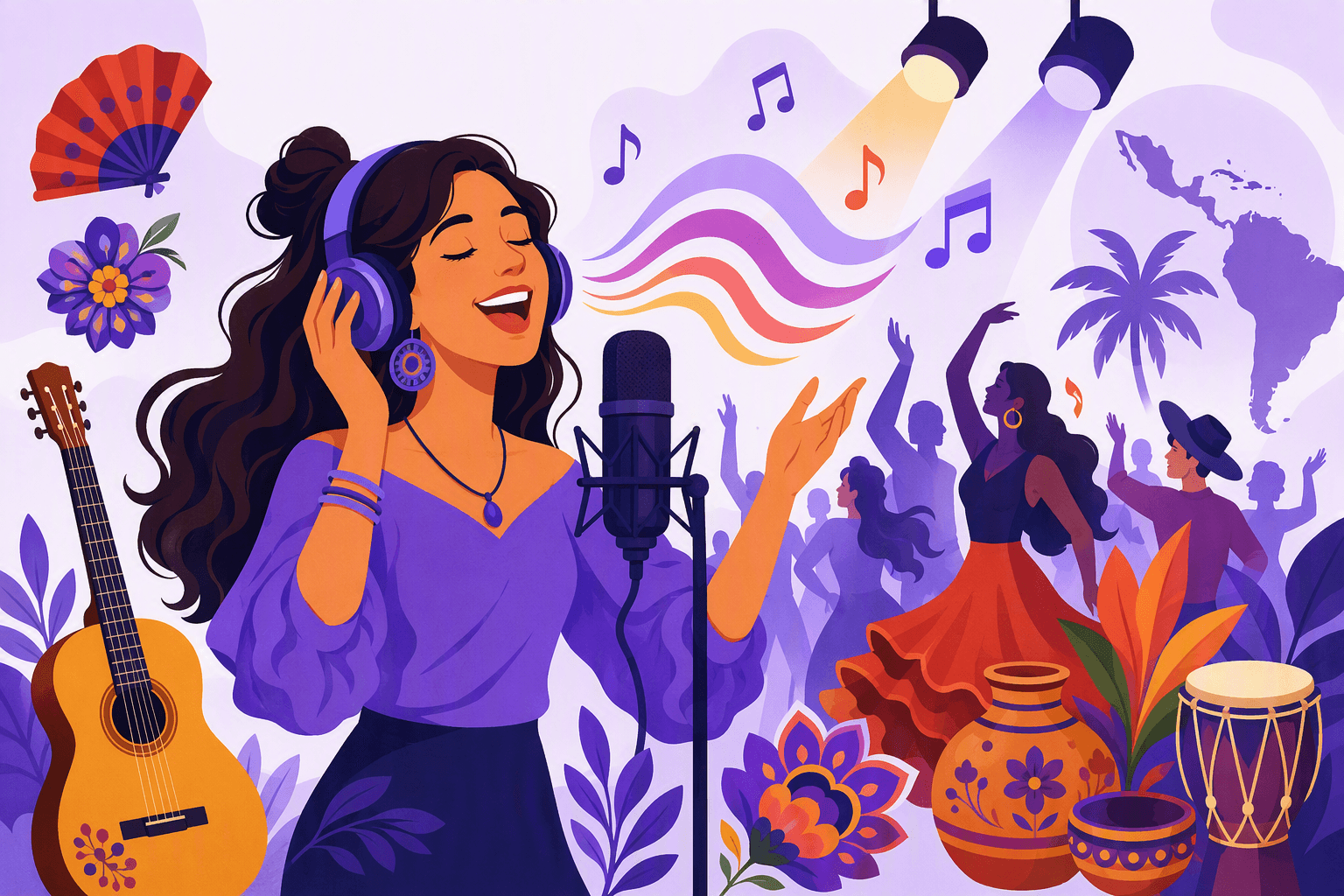 Flat-vector illustration of a singer using a microphone and headphones beside an acoustic guitar, surrounded by sound waves, musical notes, concert lights, dancing silhouettes, and Spain- and Latin America-inspired decorative motifs.