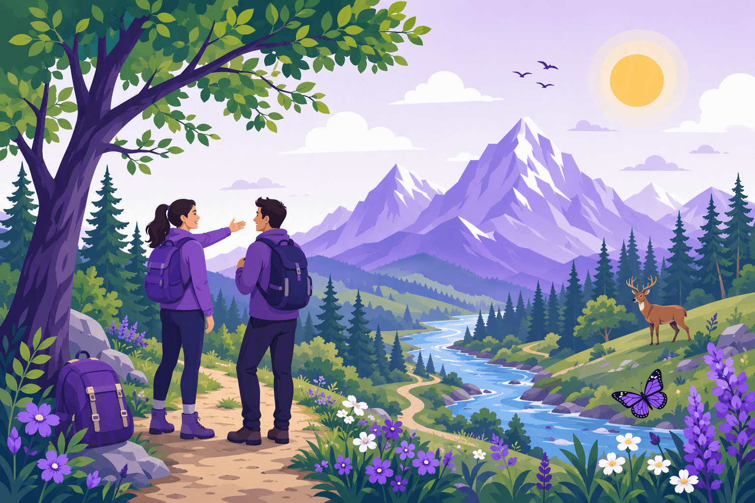 Flat-vector illustration of a sunny natural landscape featuring a tree, mountains, river, forest, wildflowers, clouds, birds, deer, butterfly, hiking trail, and backpack.