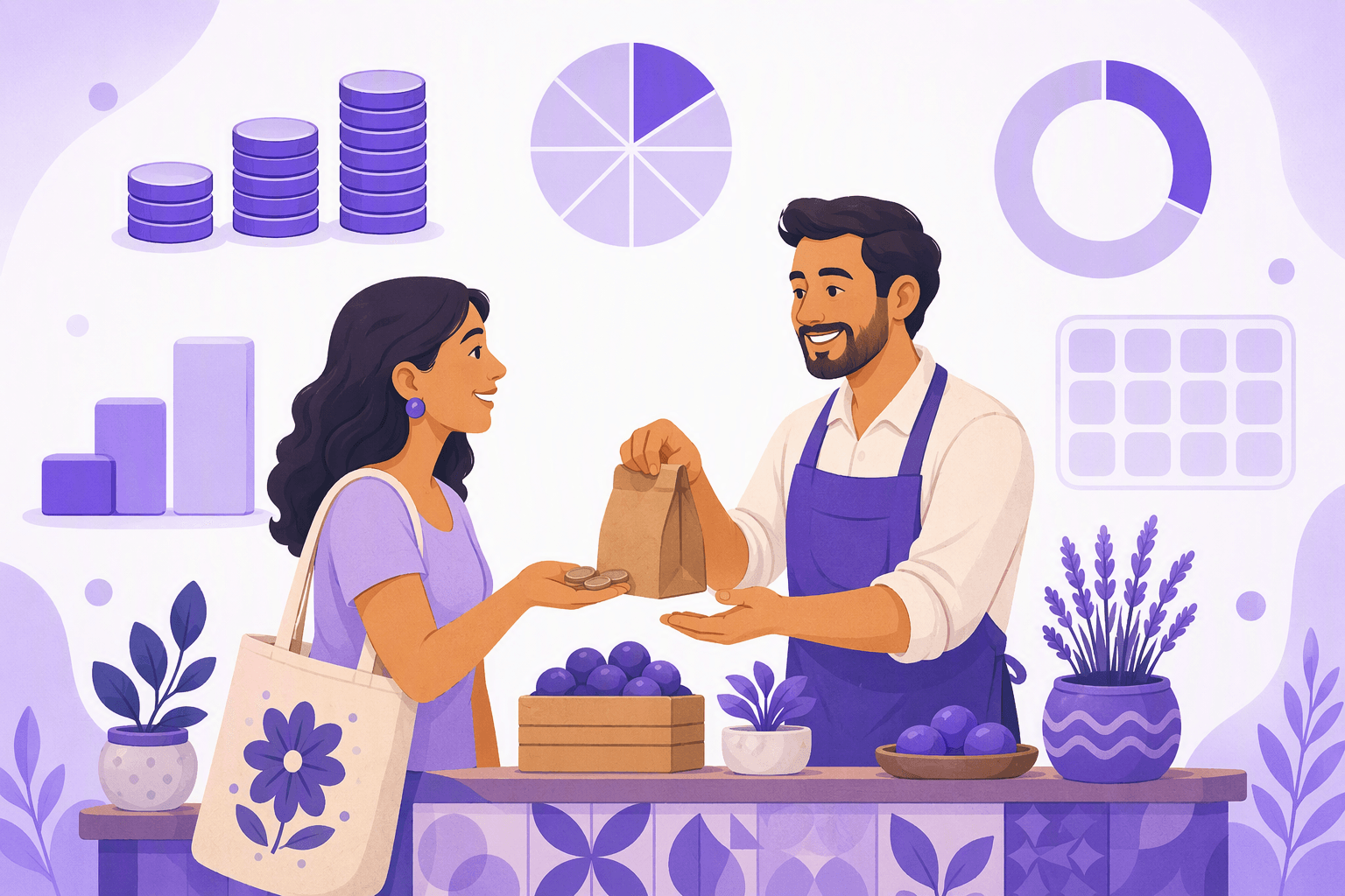 Market vendor handing a bag to a customer paying with coins, surrounded by symbols of quantity: coin stacks, a sliced circle, a proportion ring and an empty calendar grid