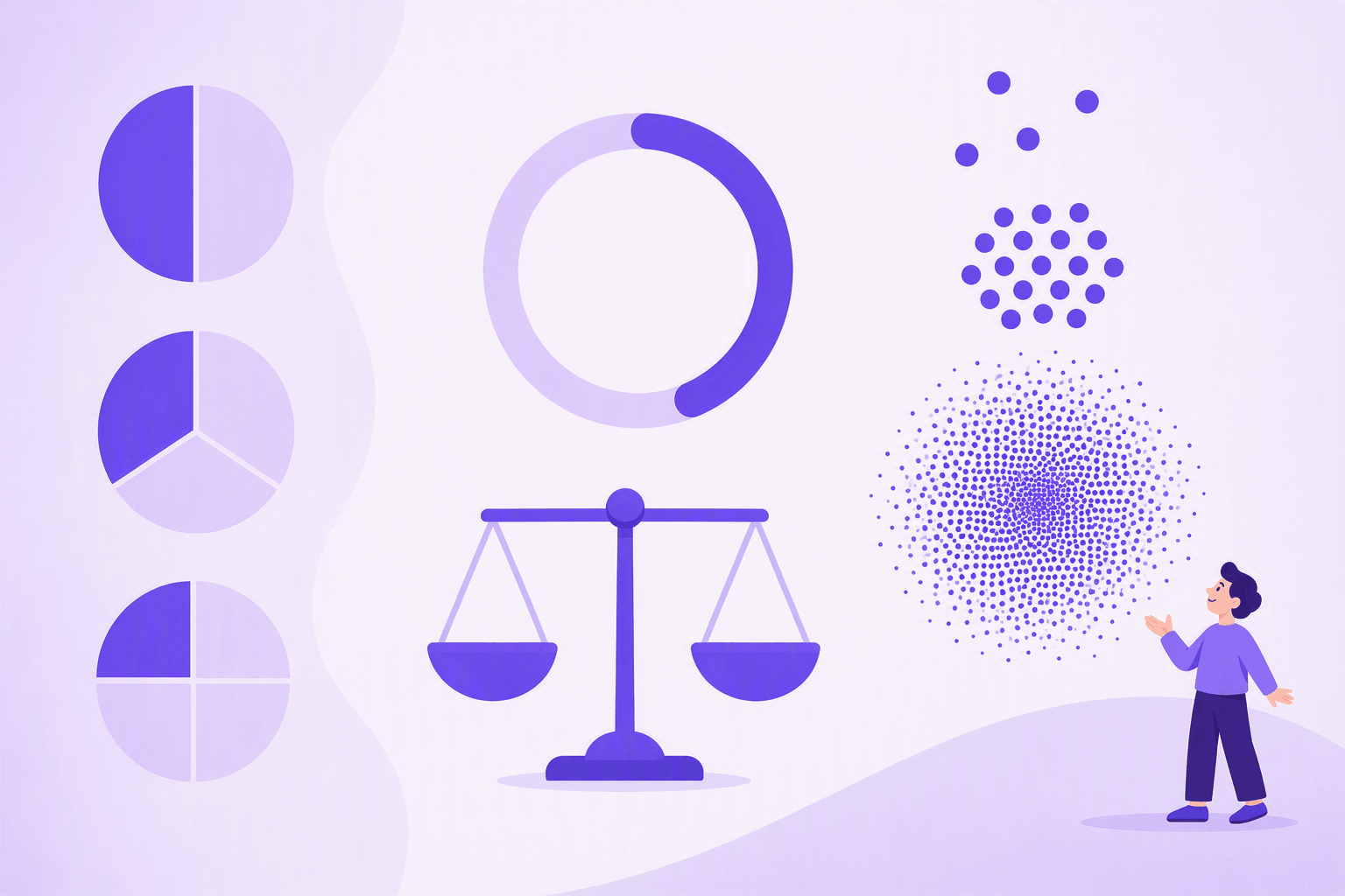 Circles divided into halves, thirds and quarters next to a proportion ring, a balance scale and dot clusters growing from a few dots to a dense cloud