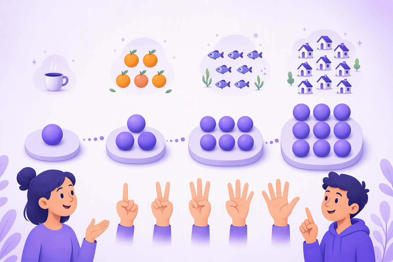 Two learners count on their fingers beside growing clusters of counters and matching groups of coffee cups, oranges, fish and houses