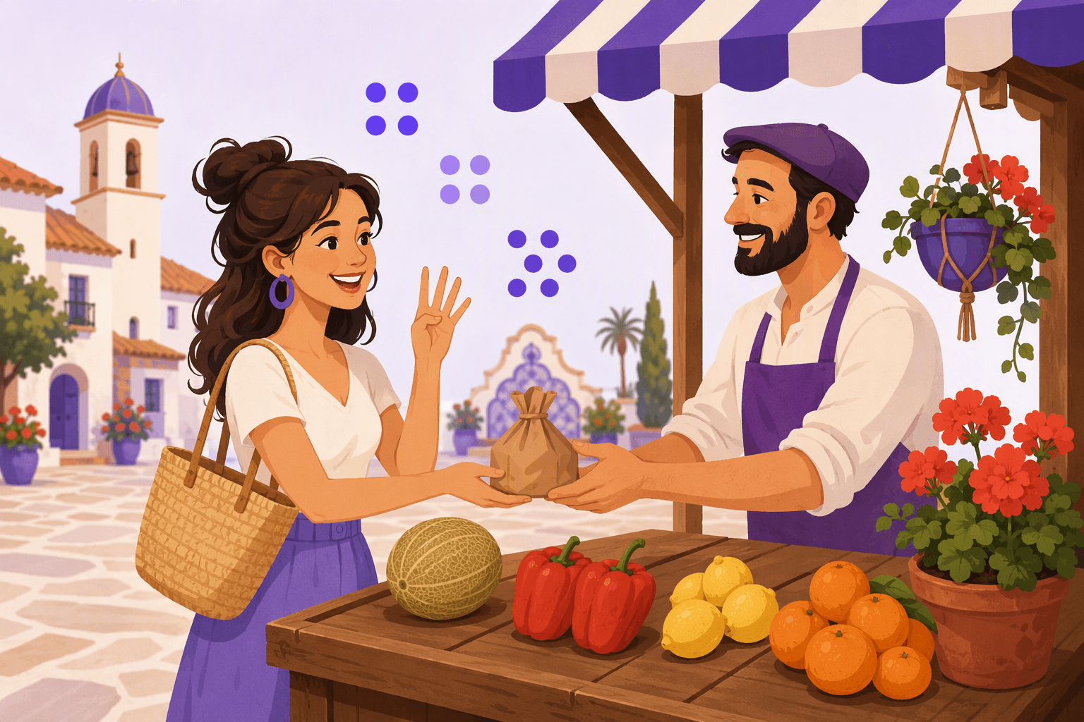 A shopper holds up her fingers to order at a Spanish market stall while the vendor hands over a small package, with produce arranged in separate groups on the counter