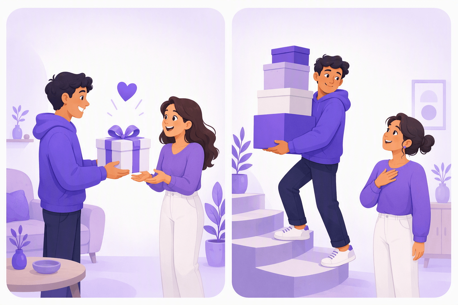 Two panels contrasting para ti and por ti: on the left a person hands a wrapped gift straight into a friend's hands, on the right a person carries a stack of boxes upstairs while a grateful friend looks on