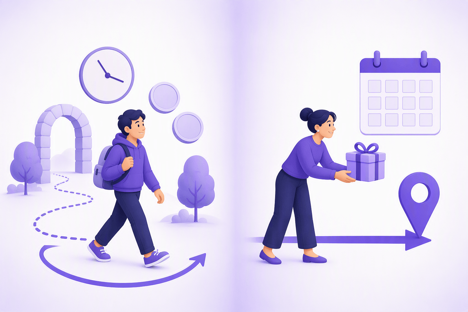 Split illustration contrasting Spanish por and para: on one side a person walks a winding path past a clock and coins, on the other a person hands a gift toward a location pin and a calendar