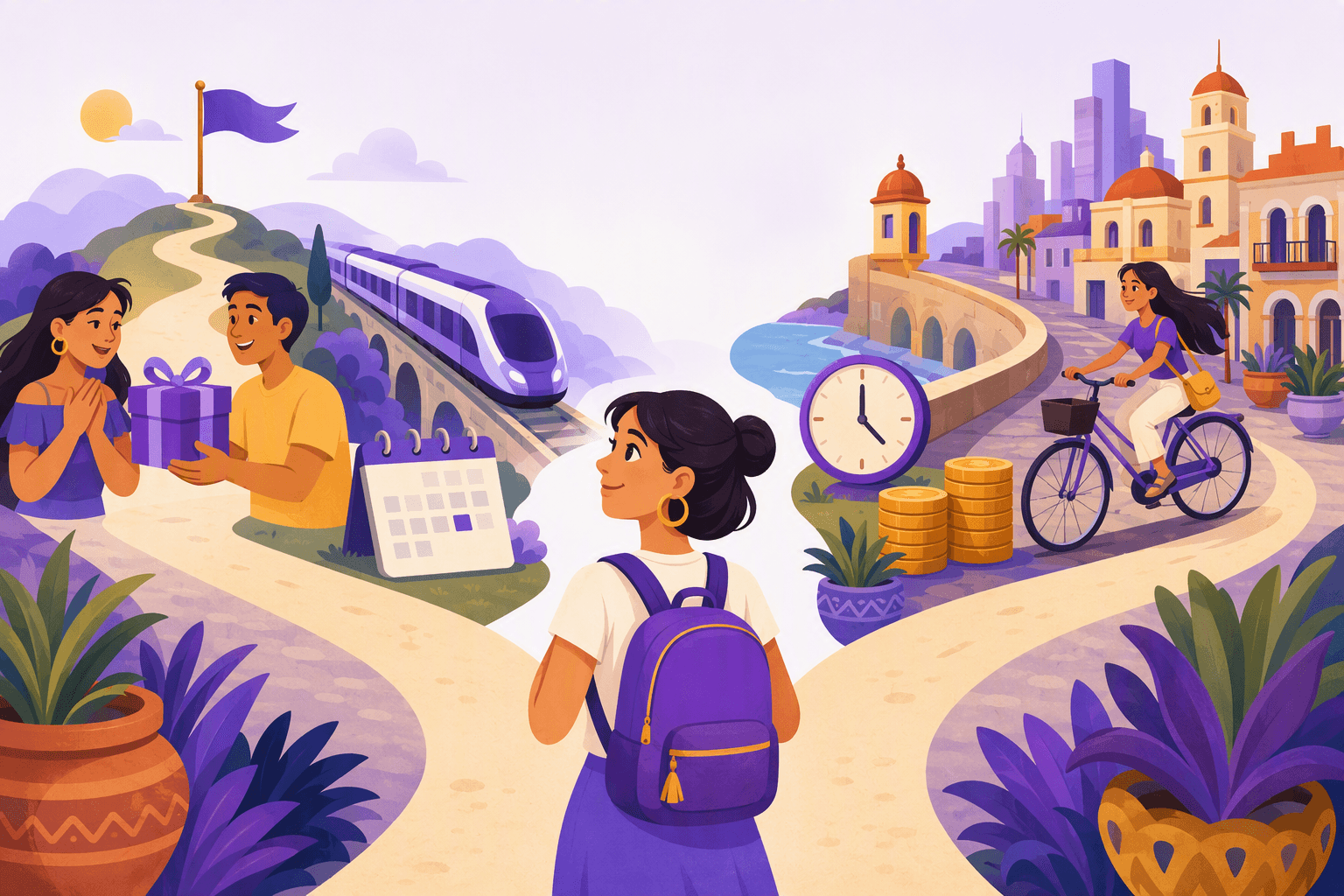 Flat-vector scene showing a learner comparing two paths, one marked by a flag, gift, calendar, and destination train, and the other by a causeway, clock, coins, and a bicycle moving through a city.