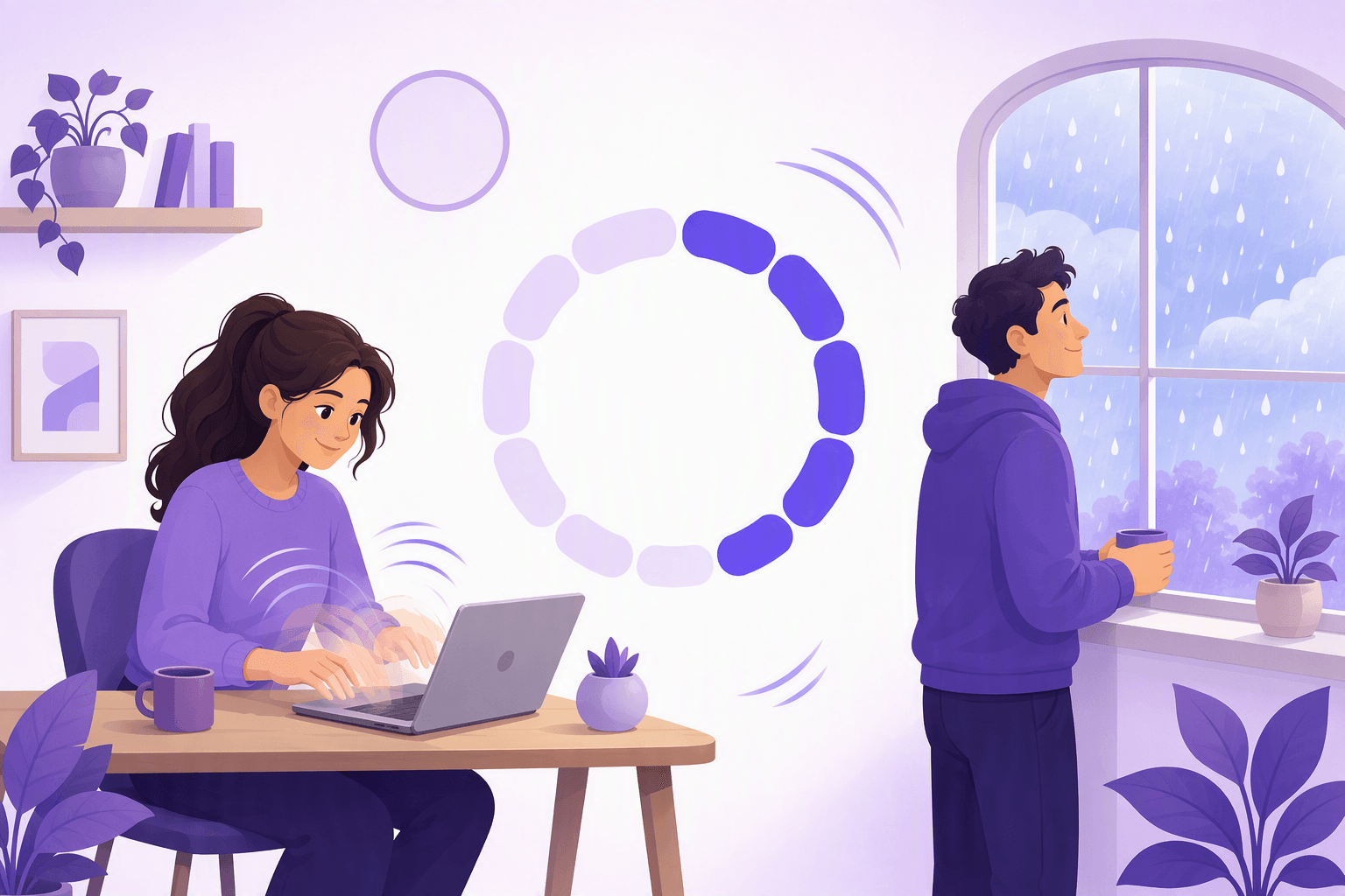 A woman typing at her laptop with motion arcs around her hands while a man watches rain fall outside a window, next to a half-filled circular progress ring symbolising an action still in progress
