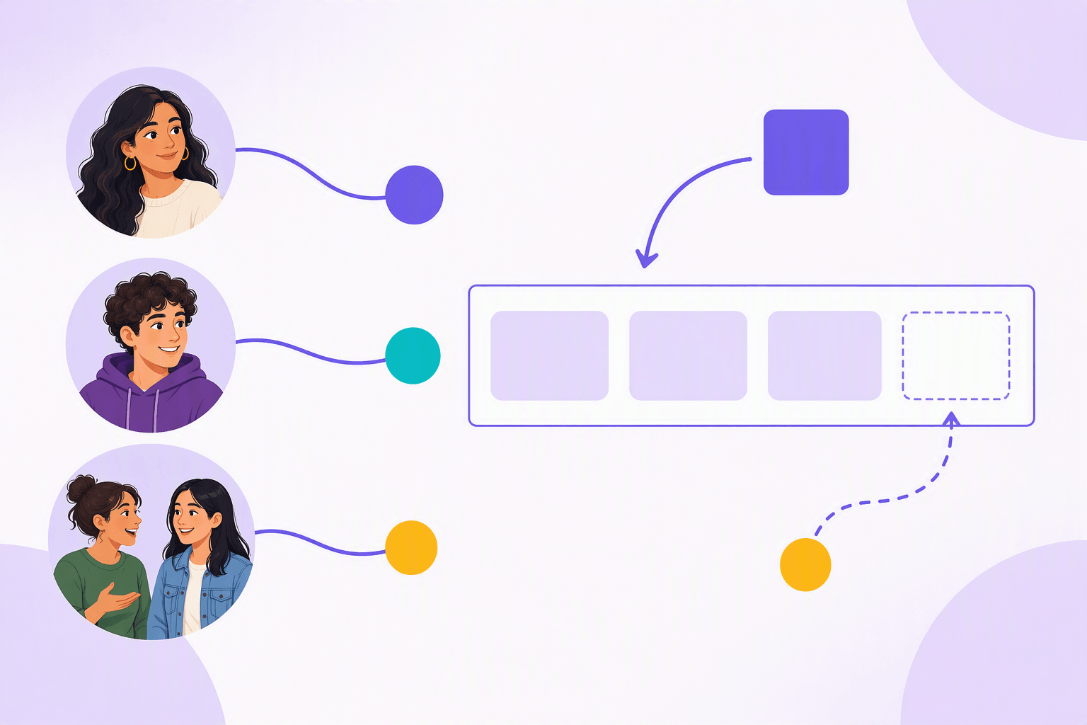 Flat vector illustration of how Spanish pronouns work: three portraits linked to small coloured tokens, with one token sliding into the empty slot of a sentence bar as a noun block lifts out