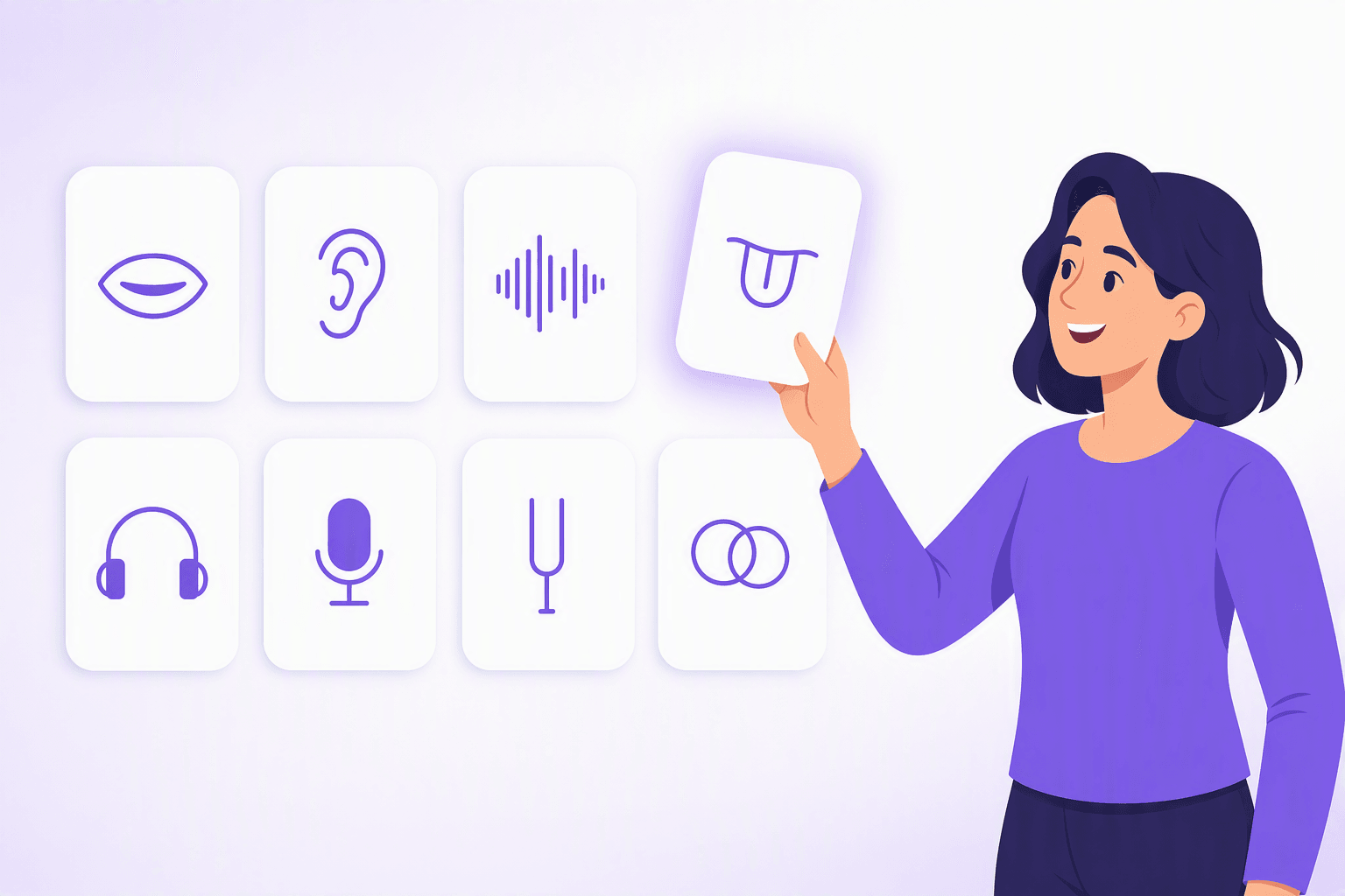 A smiling learner picking one glowing card out of a tidy grid of pronunciation fix cards, each card carrying a single icon: mouth shape, ear, waveform, tongue tip, headphones, microphone, tuning fork and overlapping circles