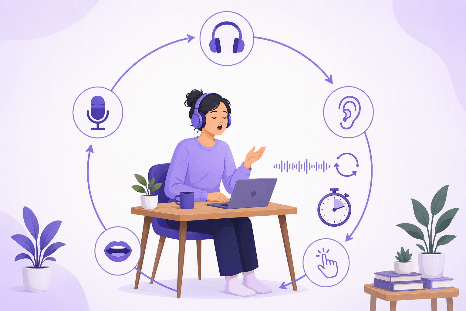 A learner in headphones repeating a line at a desk, surrounded by a circular loop of five evenly spaced step markers with headphone, ear, tapping-finger, mouth and microphone icons, plus a short waveform with a repeat arrow and a stopwatch