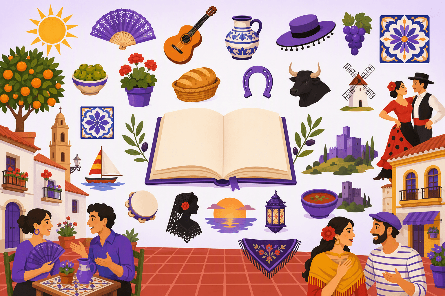 Flat-vector Spanish plaza scene featuring an open book surrounded by twenty-five colorful icons representing everyday wisdom, including an orange tree, ceramic tiles, guitar, bread, horseshoe, sun, and olive branches.