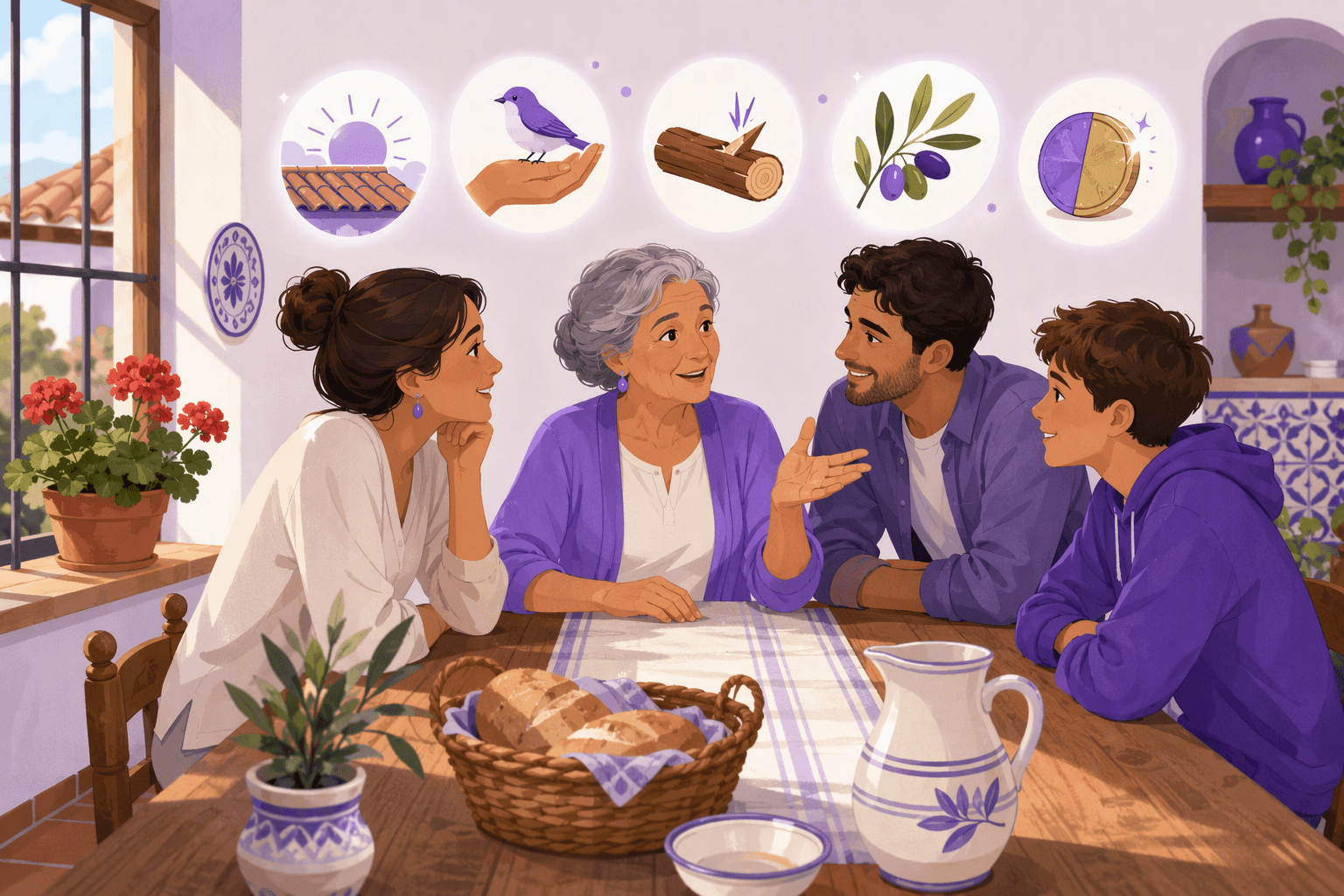 A grandmother giving advice at a sunlit Spanish family table while three relatives lean in to listen, surrounded by symbols of classic refranes: a sunrise over tiled roofs, a bird in an open hand, a log with a splinter, an olive branch, and a half-shining coin