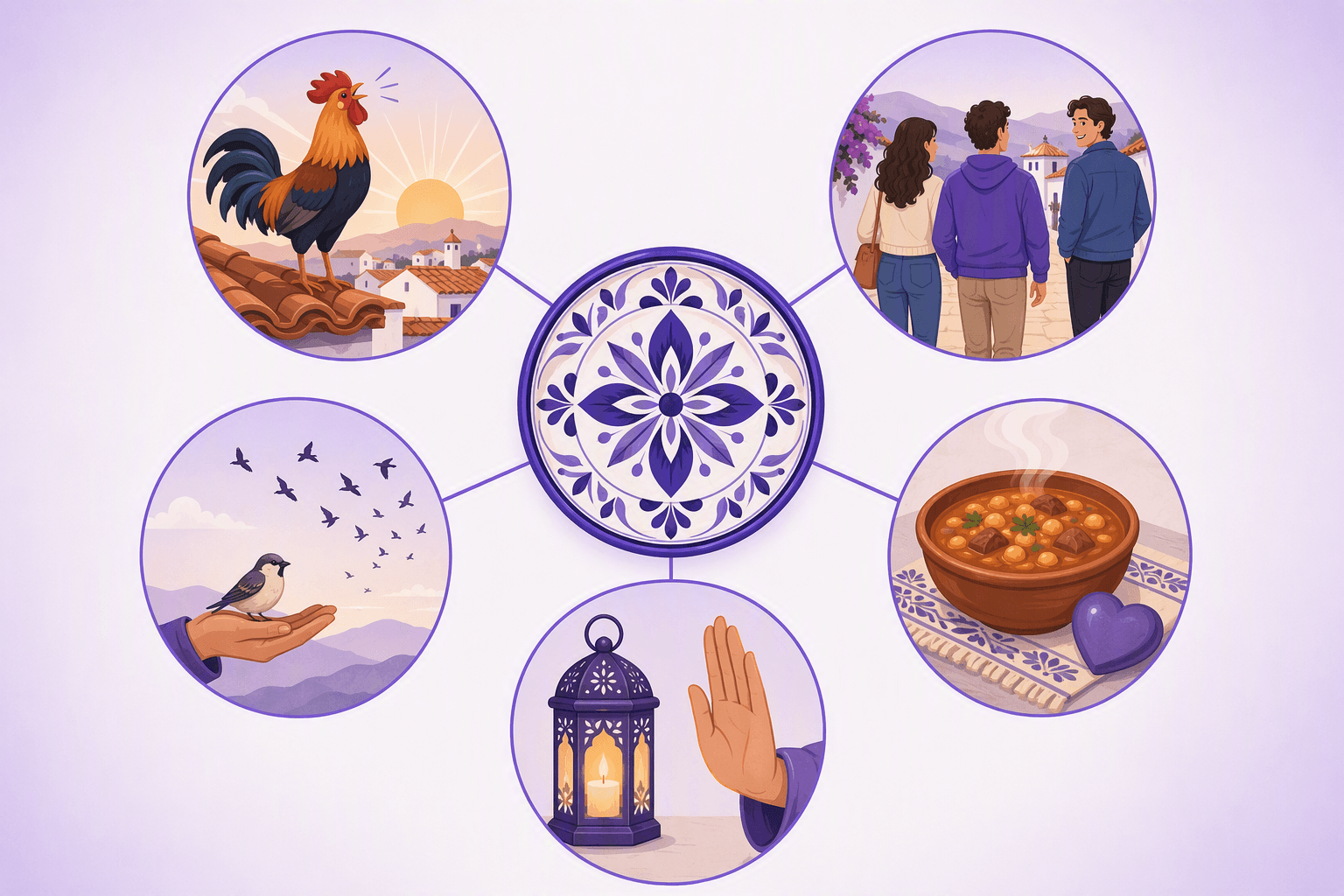 Five illustrated circles around a Spanish ceramic plate showing the recurring themes of refranes: a rooster at sunrise for work and time, three friends walking together for reputation, a bowl of stew with a heart for food and comfort, a bird held in the hand while a flock flies away for pragmatism, and a raised palm beside a lantern for boundaries