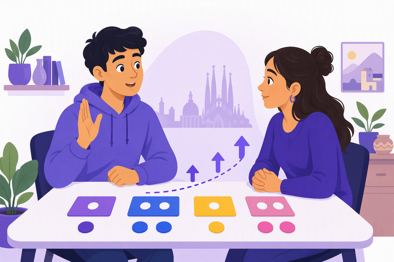A flat-vector illustration shows a learner and tutor using expressive gestures, upward arrows, and paired markers to represent Spanish question formation and rising intonation.