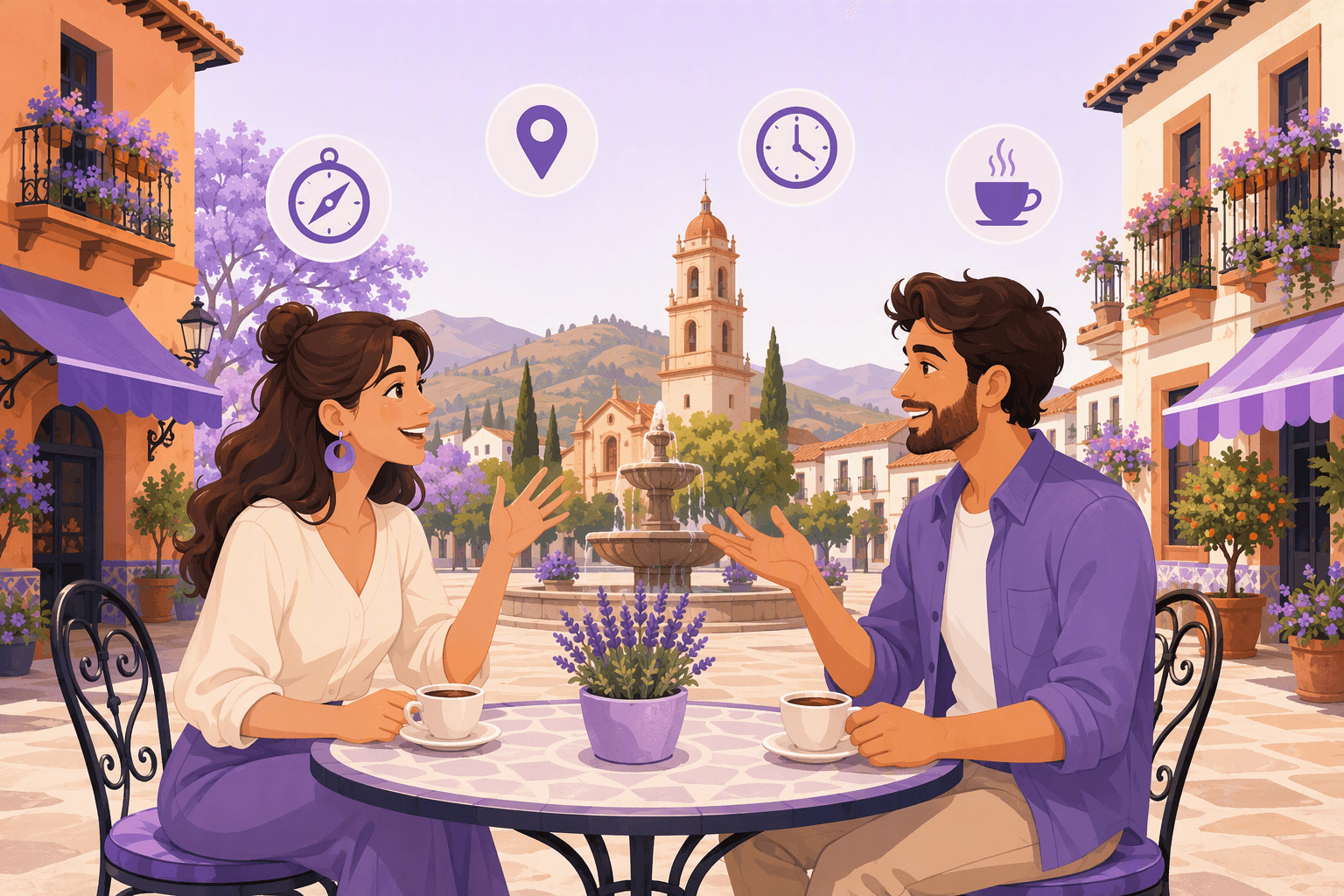 Two friends in conversation over coffee at an outdoor cafe table on a sunny Spanish plaza, with a stone fountain and bell tower behind them and small compass, map pin, clock and coffee cup icons floating above