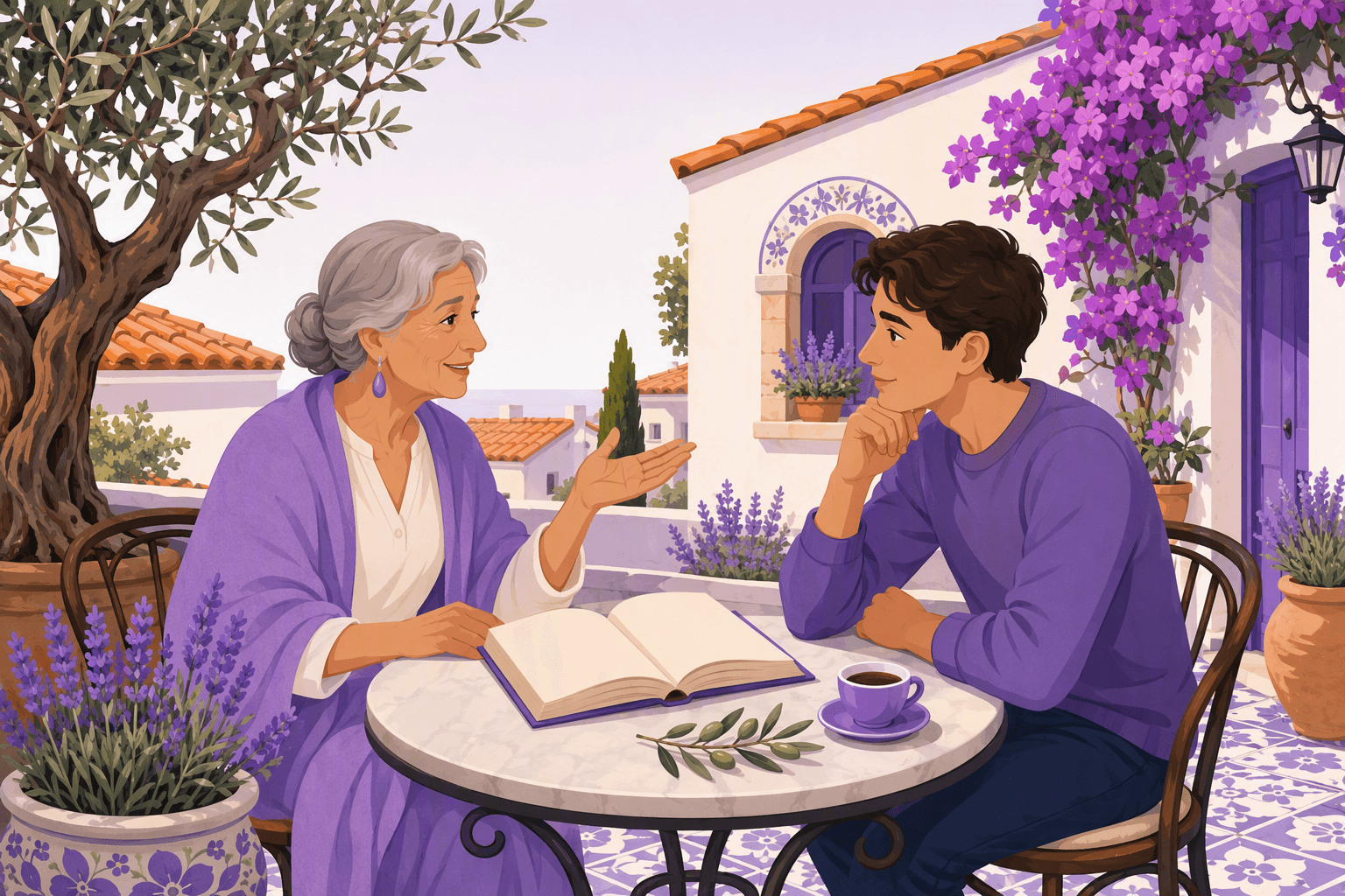 An older woman and a young man talking over coffee at a small marble table on a sunlit Spanish courtyard terrace, an open book and an olive branch between them, with terracotta rooftops, lavender pots and bougainvillea around them
